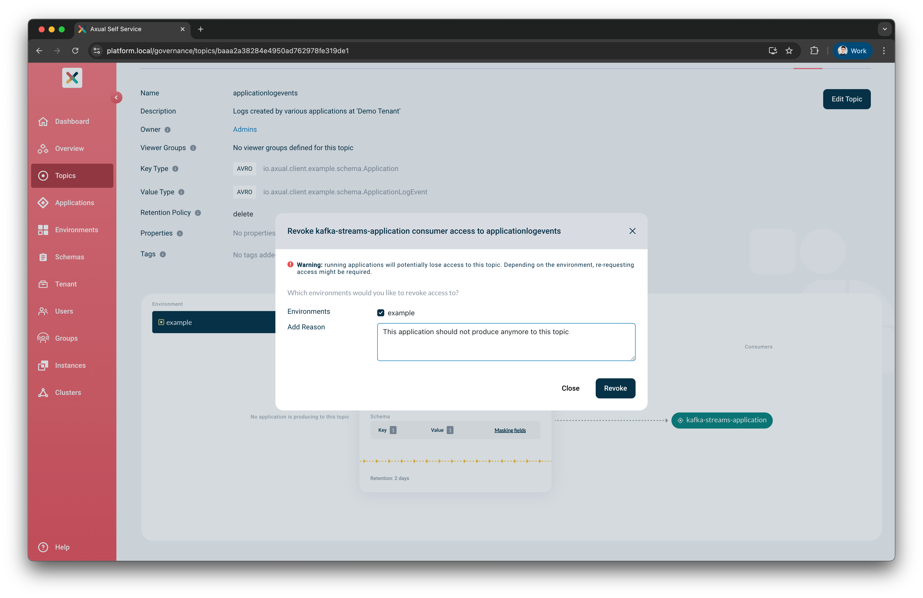 Adding a reason and selecting an environment when revoking access