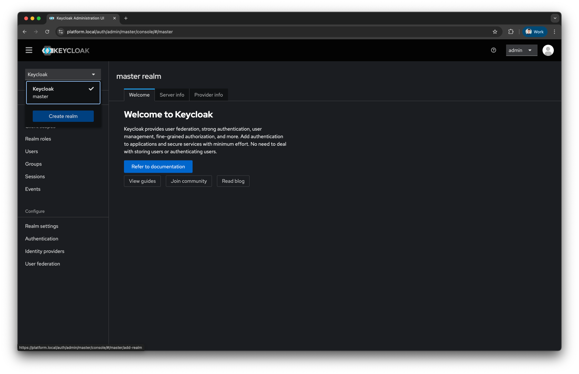 Keycloak Create Realm menu
