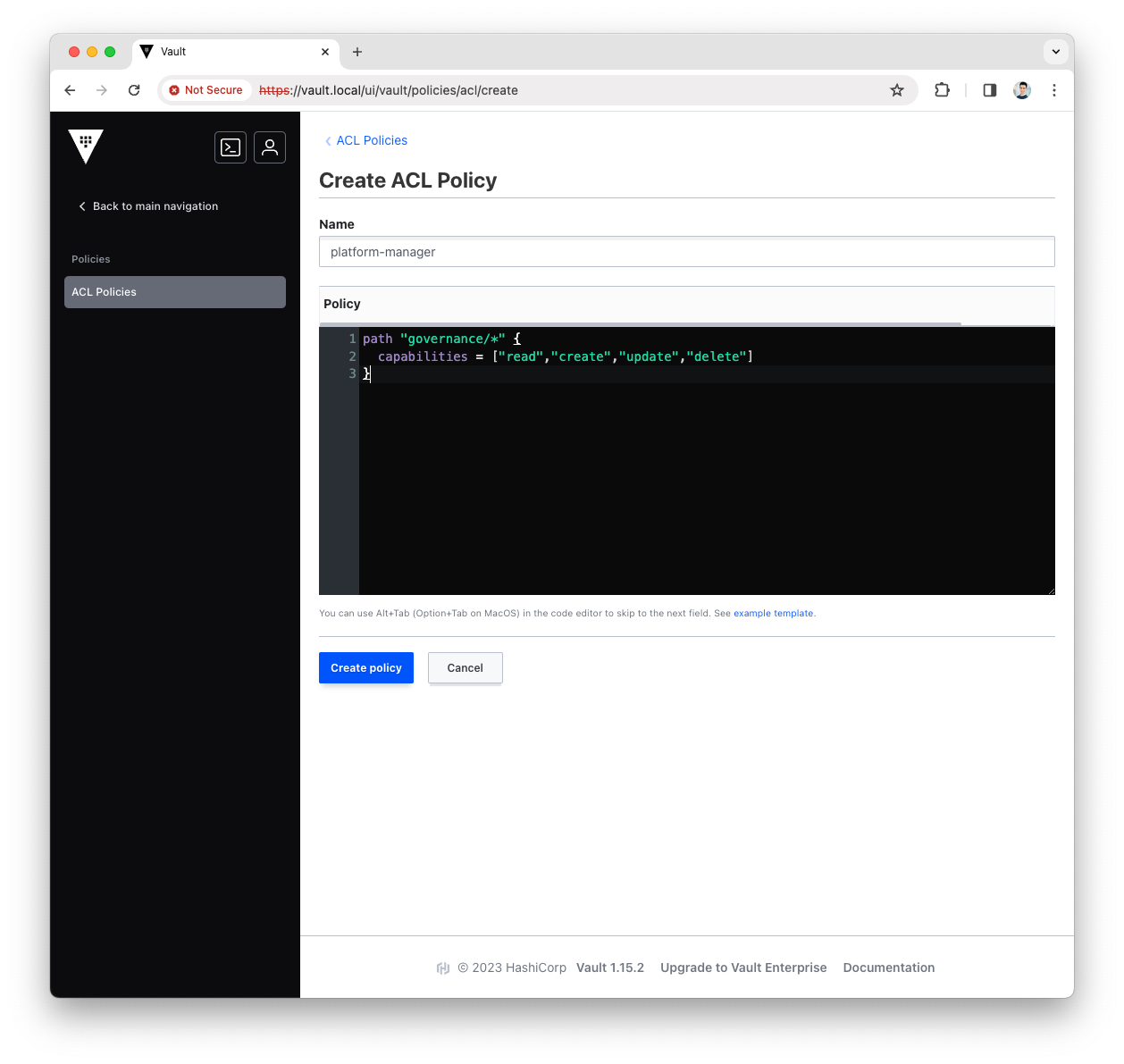 Create Platform Manager policy