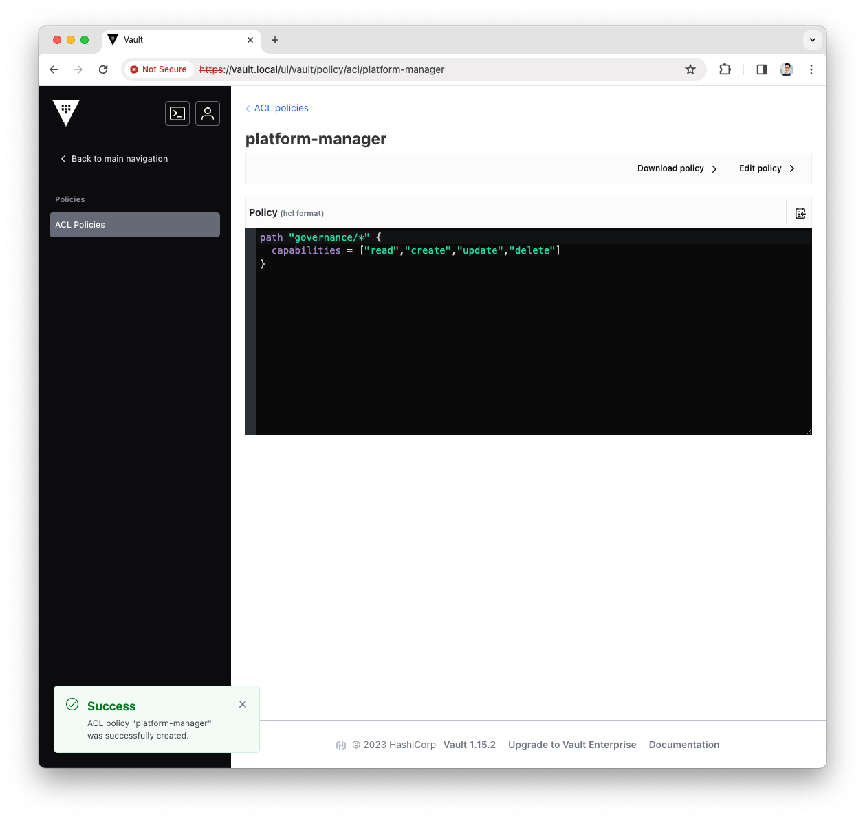 `platform-manager` Policy created