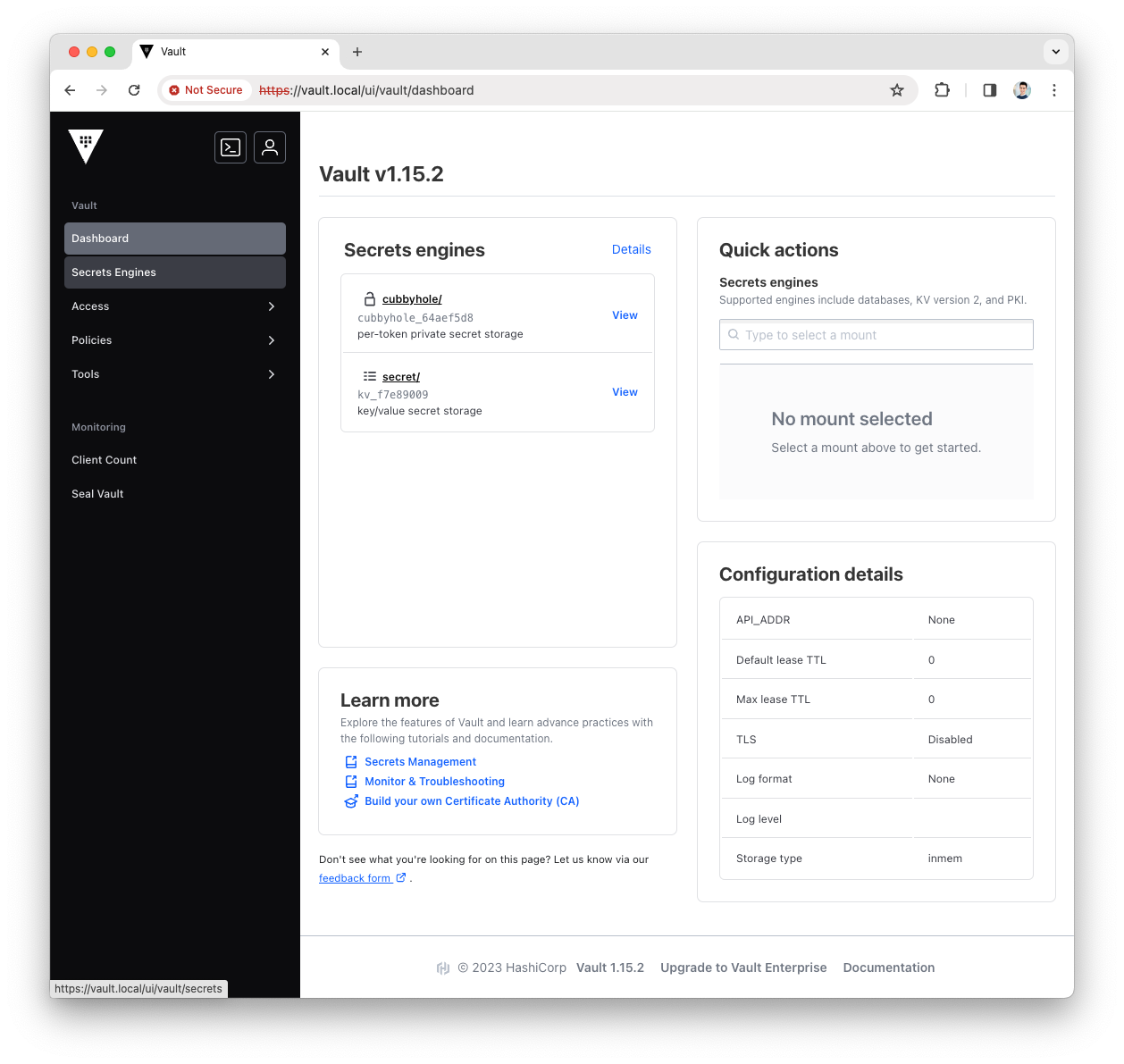 Open Secrets Engines Menu