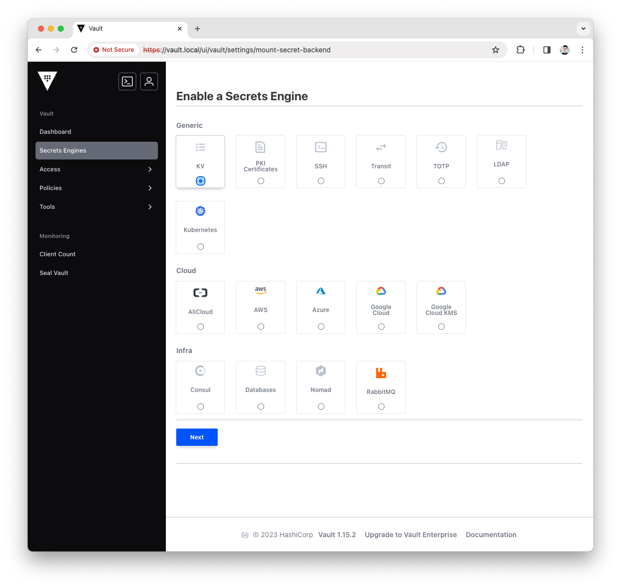 Select Secrets Engine type