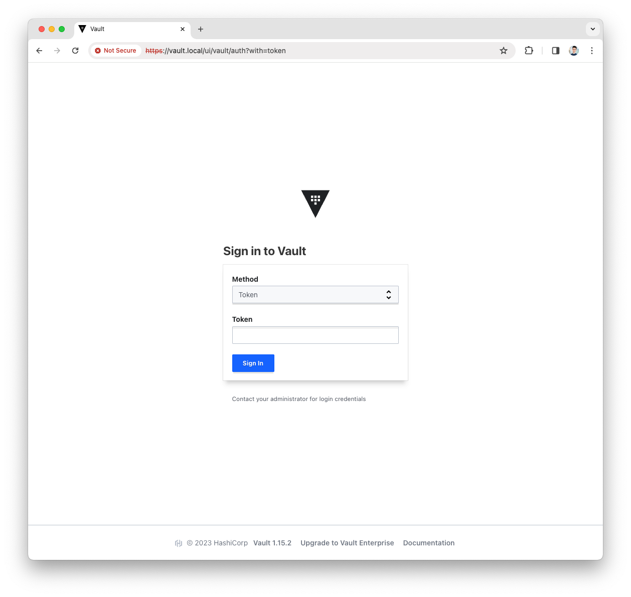 Vault UI login screen