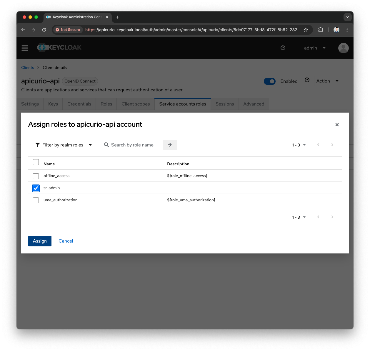 Keycloak Apicurio-API Client assign SR-Admin role