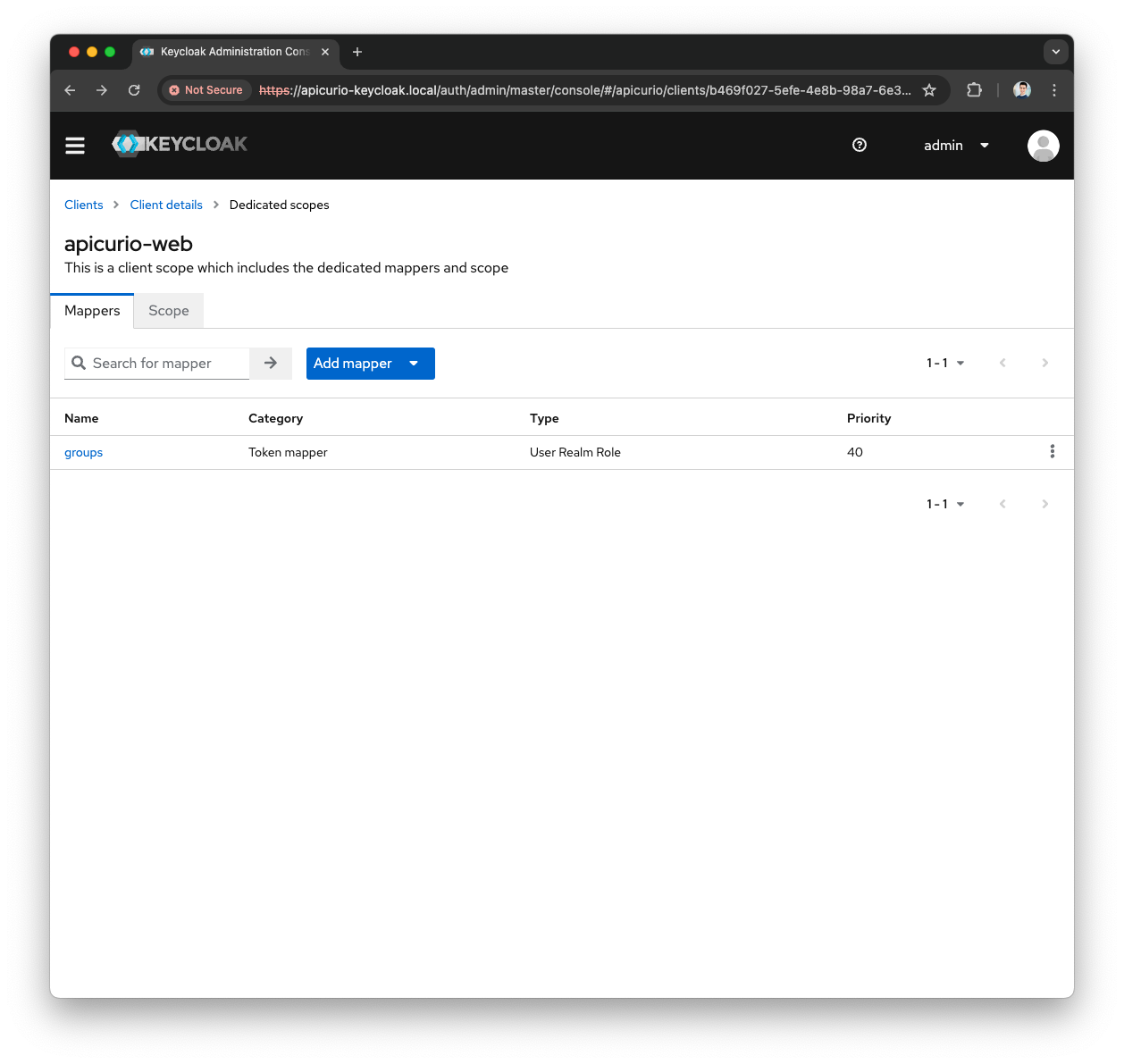 Keycloak Apicurio-Web Client Mapper configured
