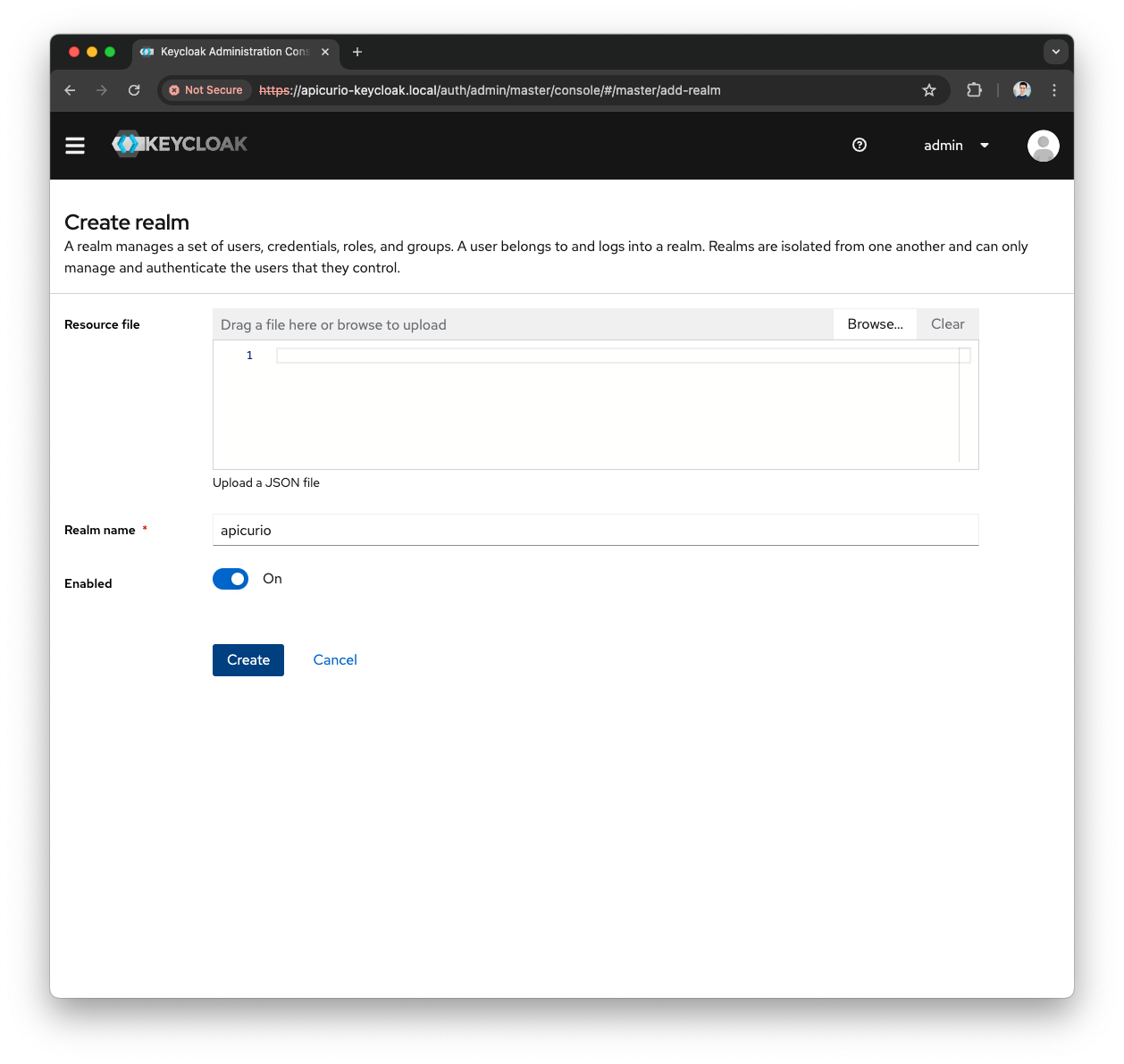 Keycloak Create apicurio realm
