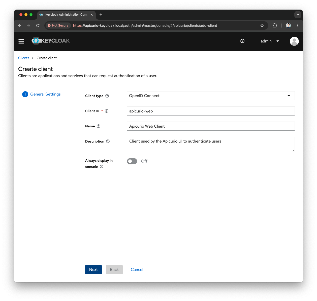 Keycloak Create Apicurio-Web Client general config