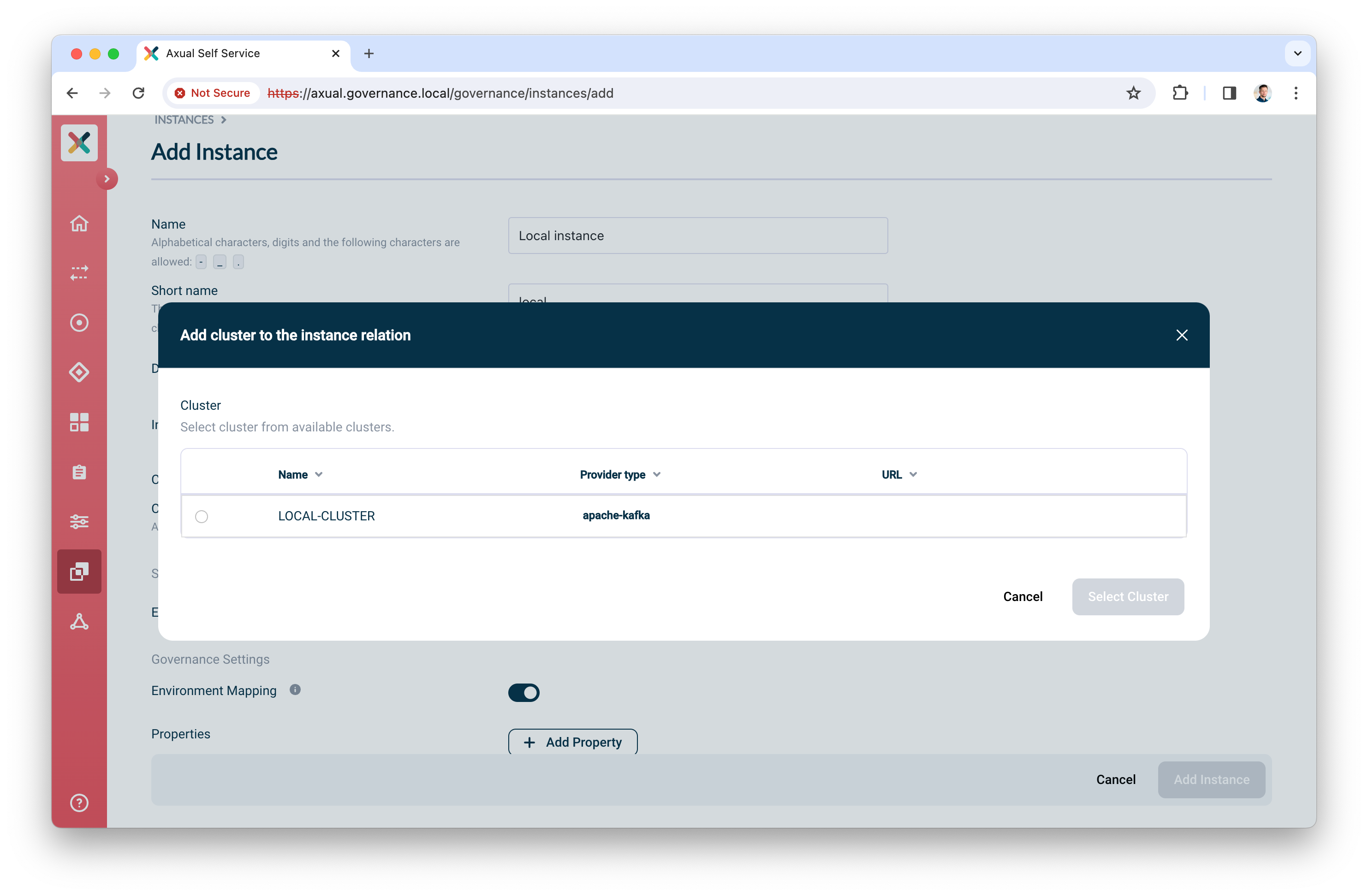 Axual Governance - adding a cluster to an instance