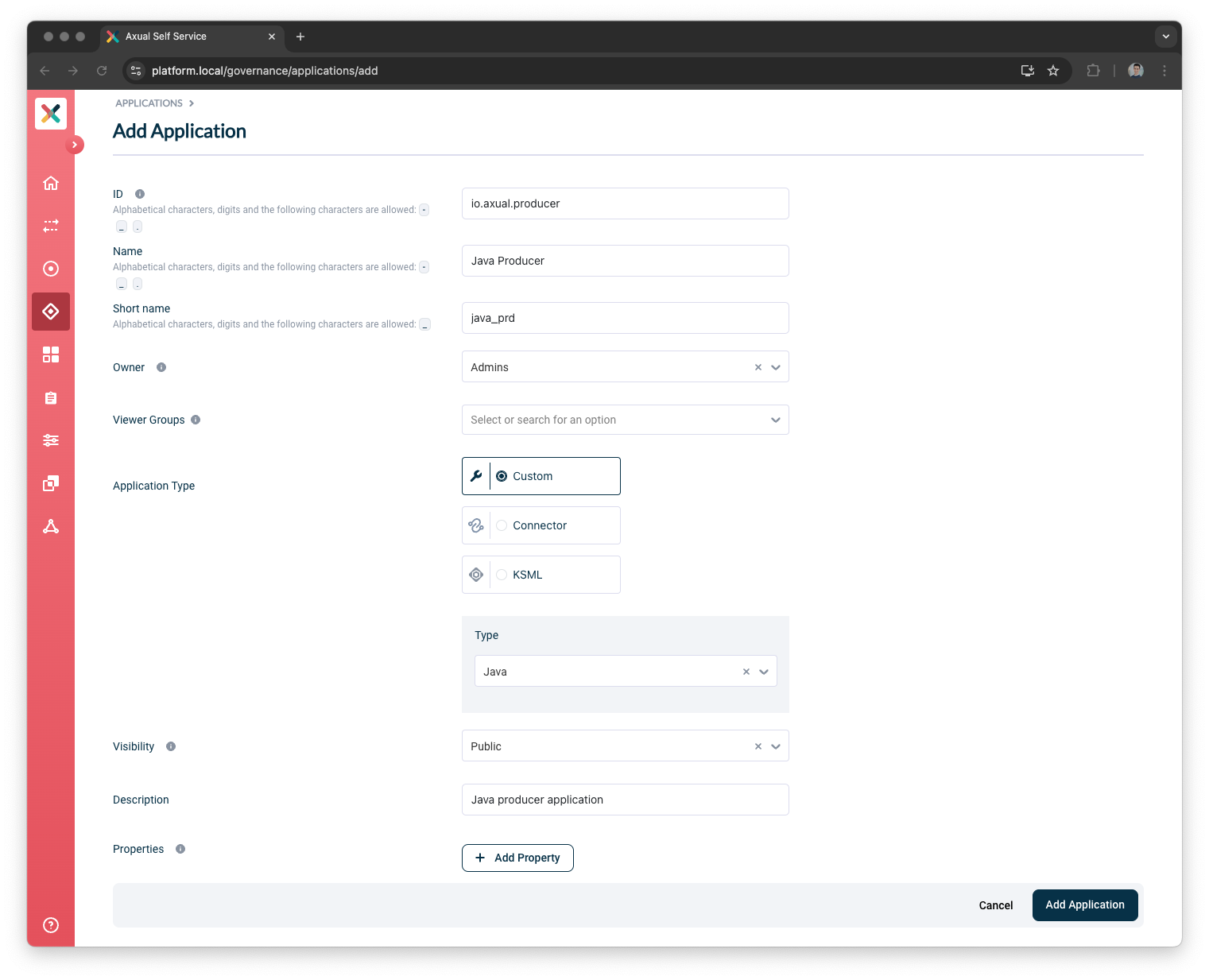 Self-Service Add Application Details page