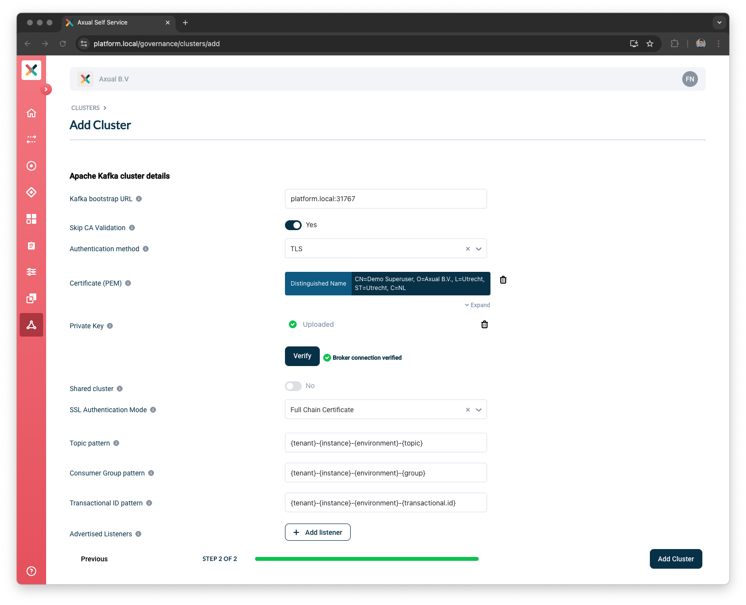 Self-Service Add Cluster Patterns section