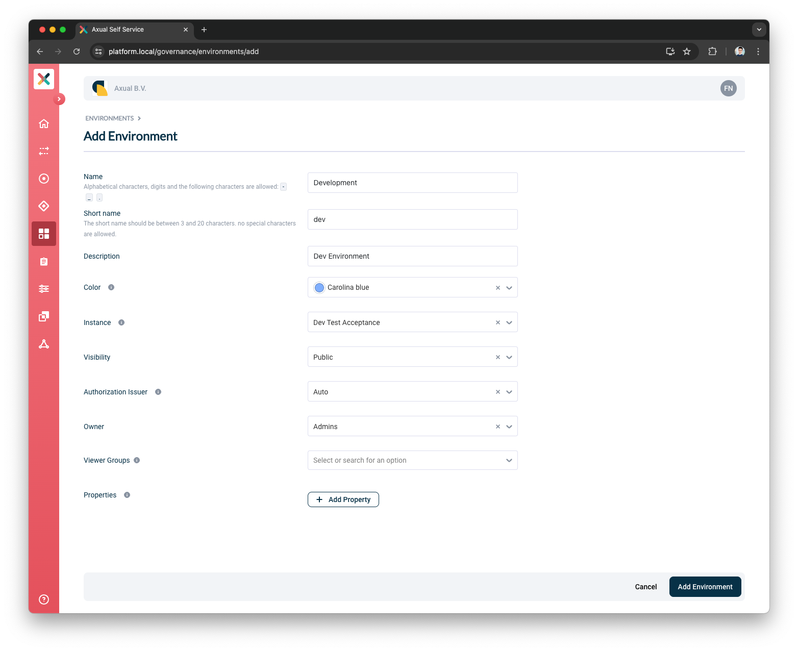 Self-Service Add Environment Details page