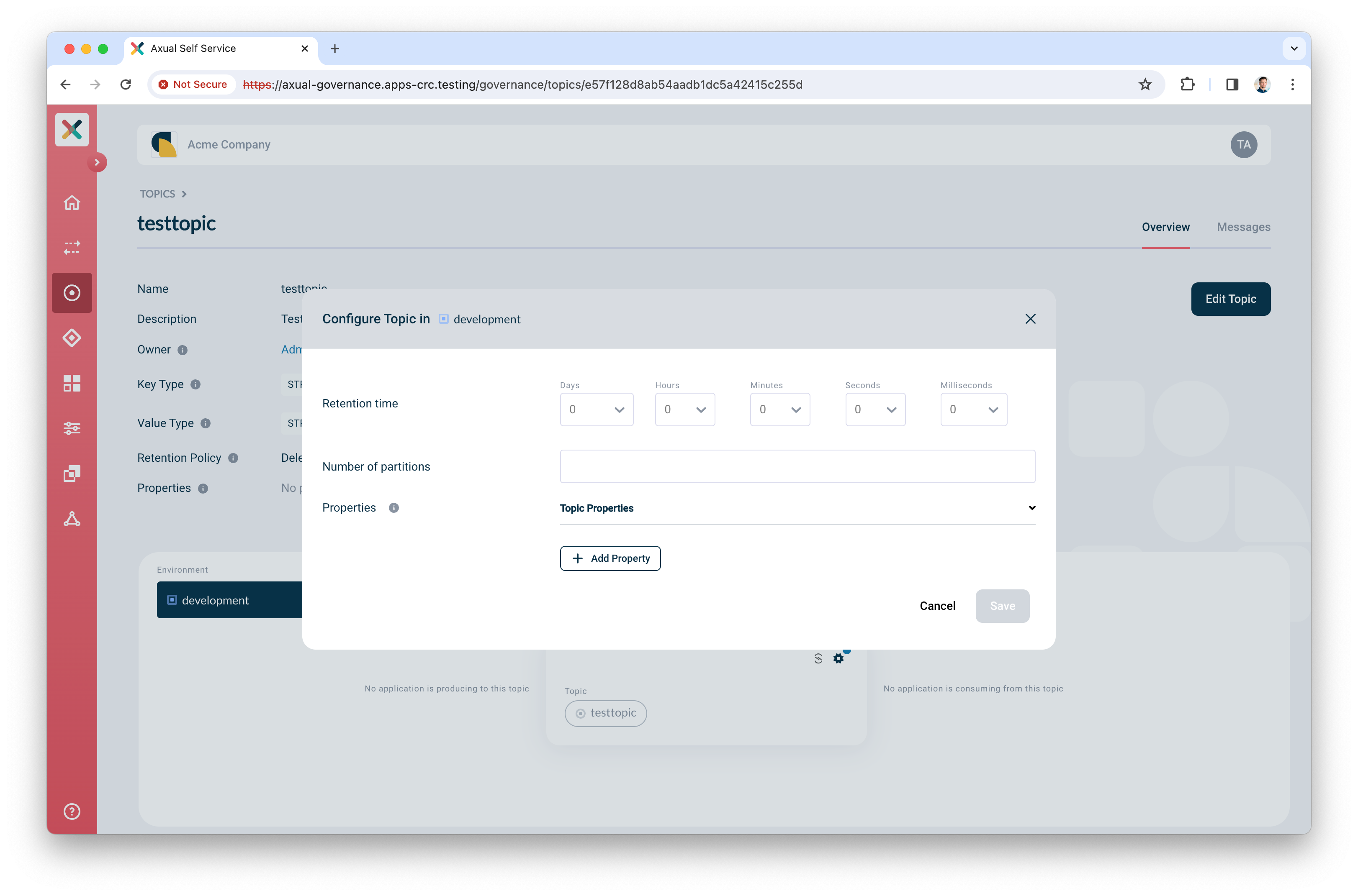 Self-Service Configure Topic modal configured