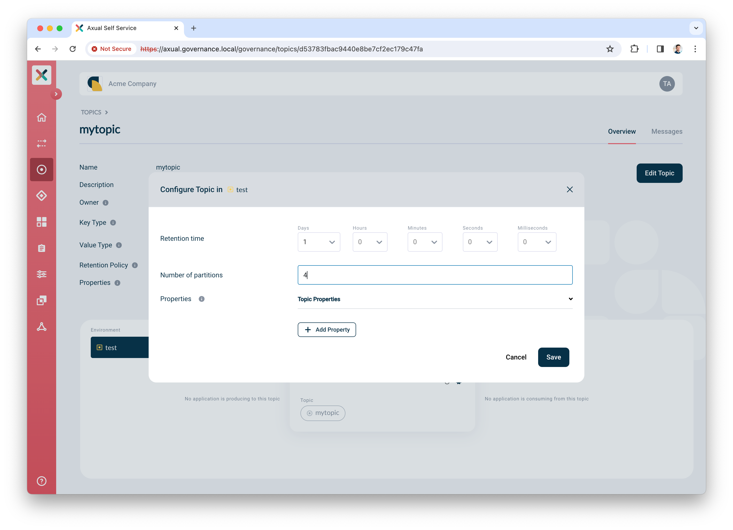 Self-Service Configure Topic modal configured