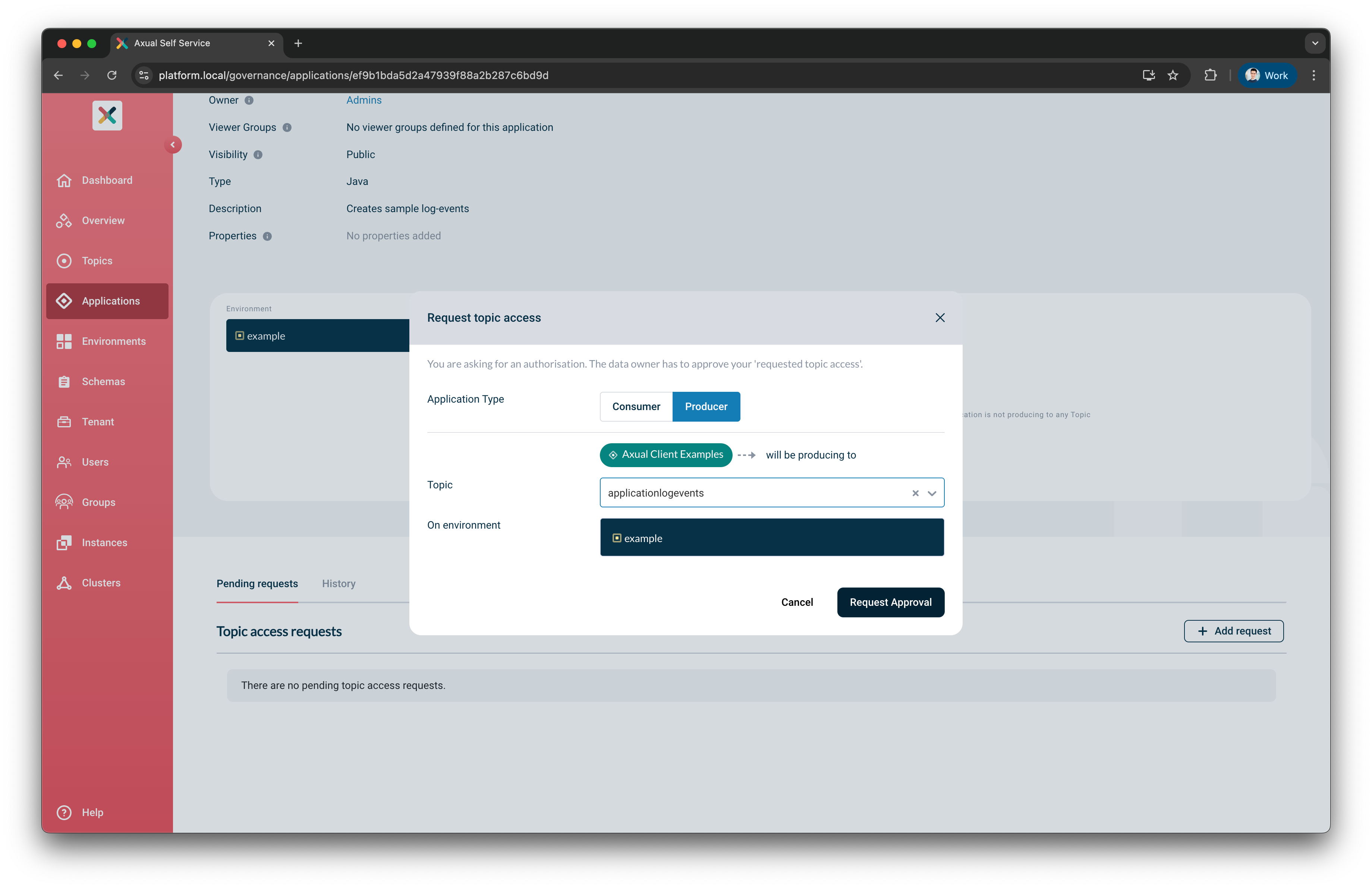 Our configured stream request modal for producer