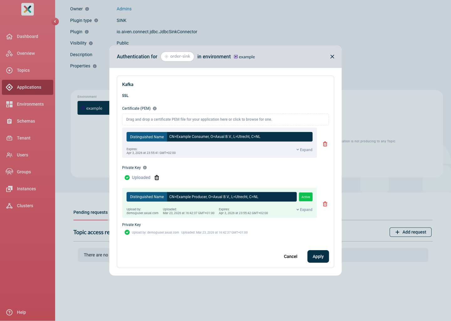 Axual "Self-Service" UI, Authentication modal showing two certificate pairs — the newly uploaded one (pending activation) and the currently Active one