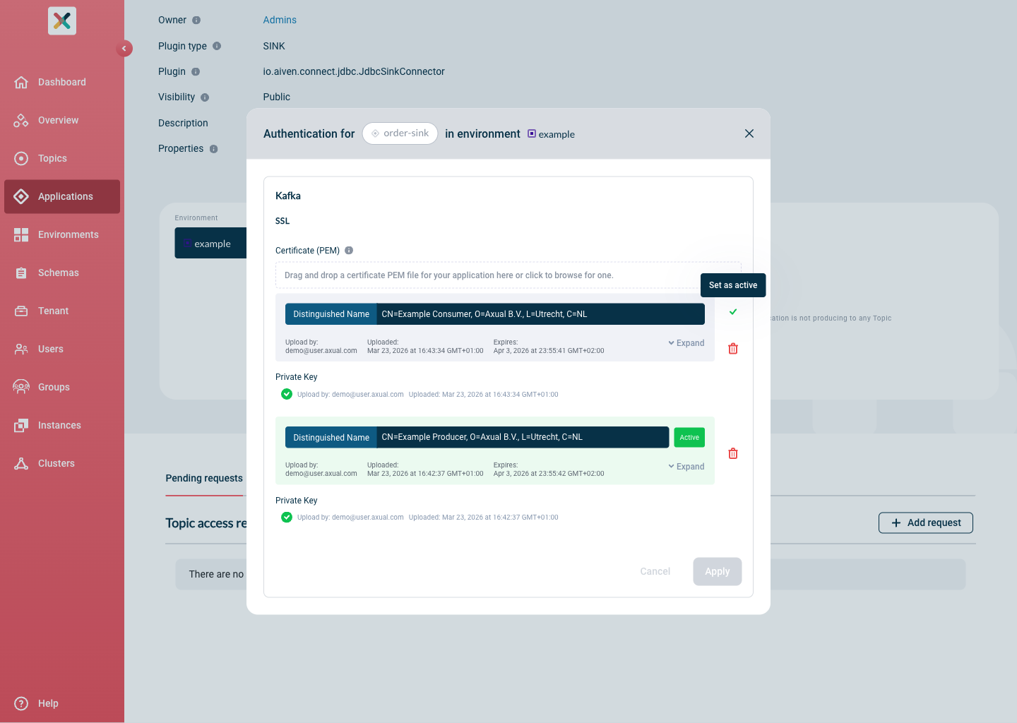 Axual "Self-Service" UI, Authentication modal showing the "Set as Active" tooltip on the checkmark button of the newly uploaded certificate card