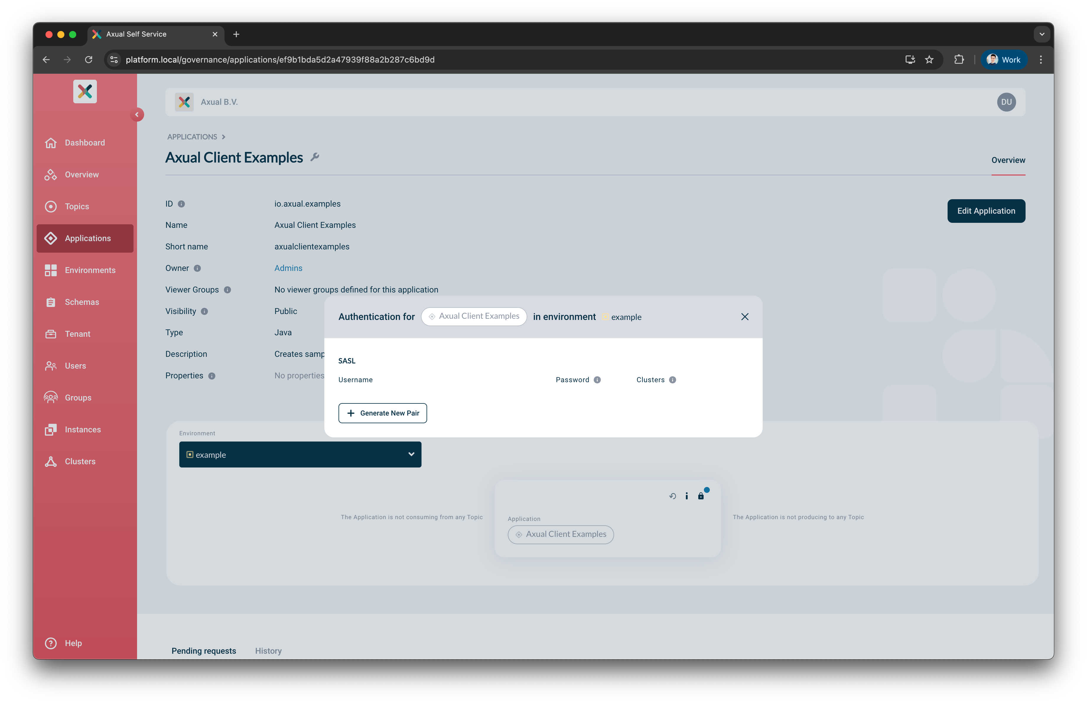 Configure application Credentials modal