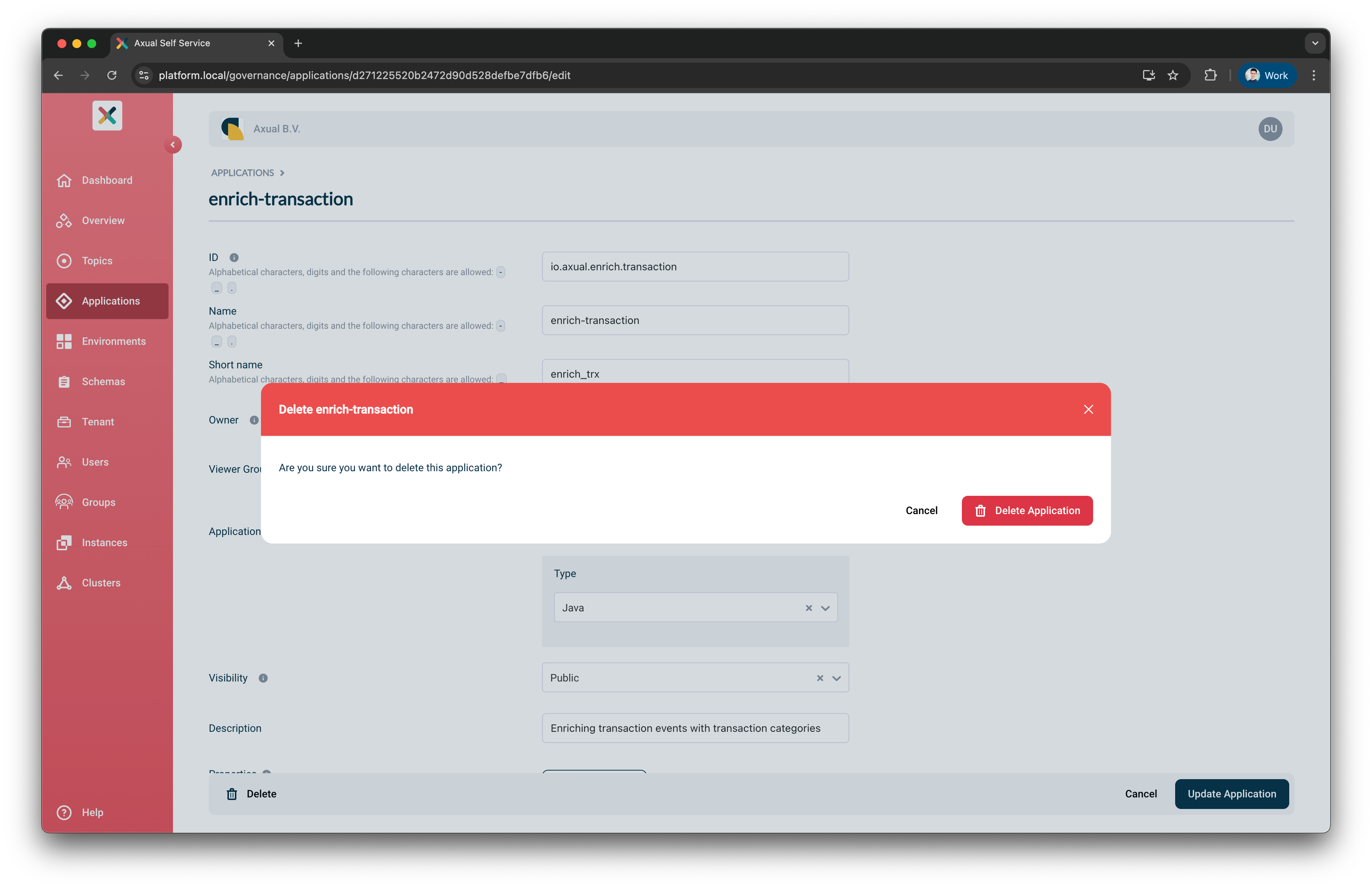 Delete application confirmation