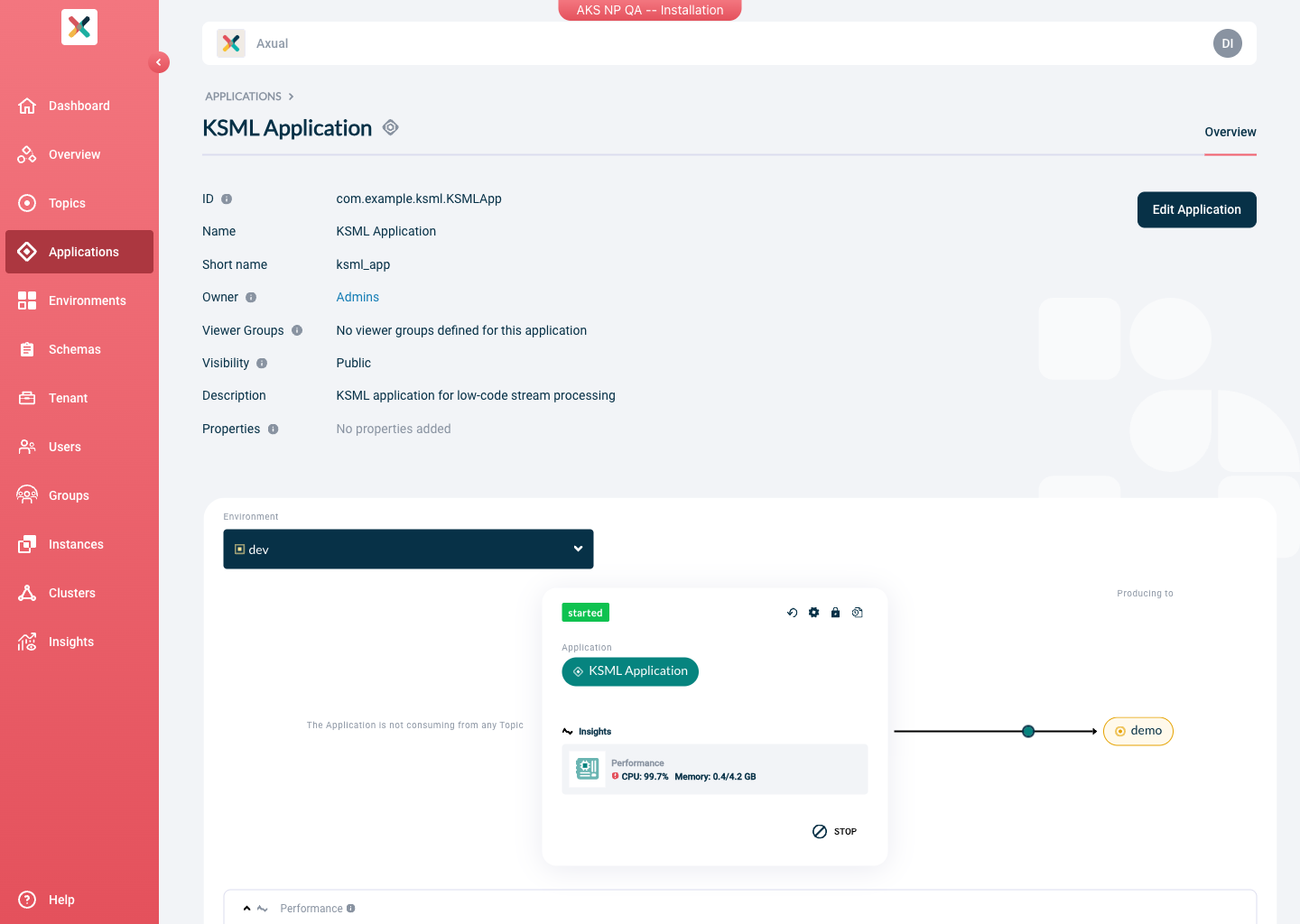 Axual "Self-Service" UI, "Application" page showing the KSML configuration status box of a configured application, in "running" state