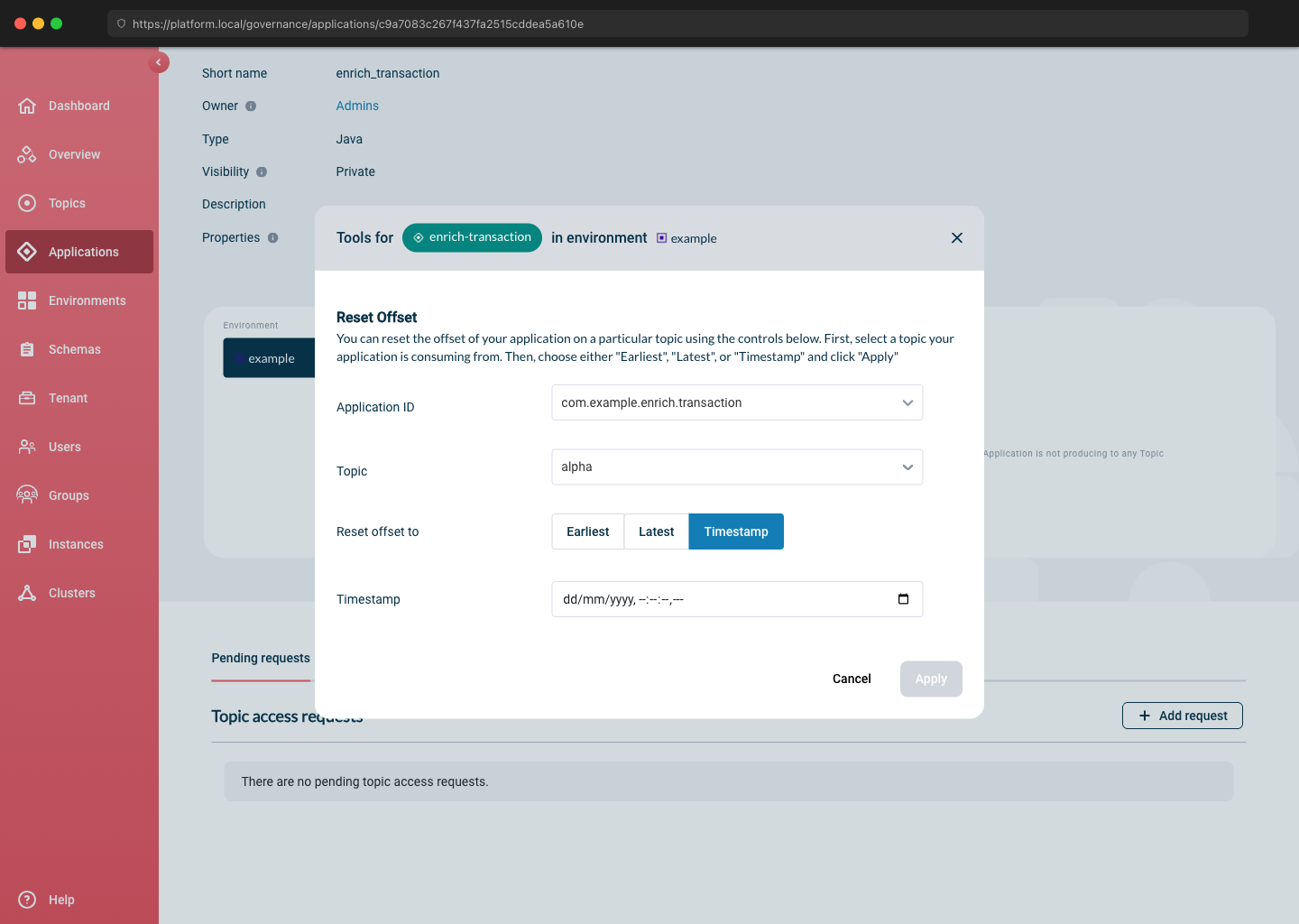 Reset Consumer Group modal with Timestamp selected