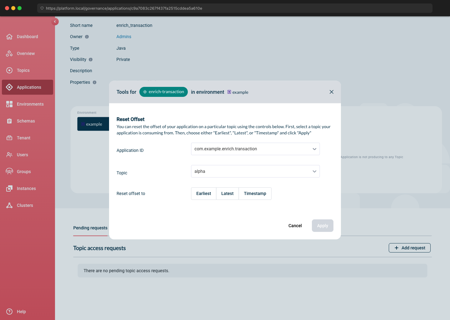 Reset Consumer Group modal