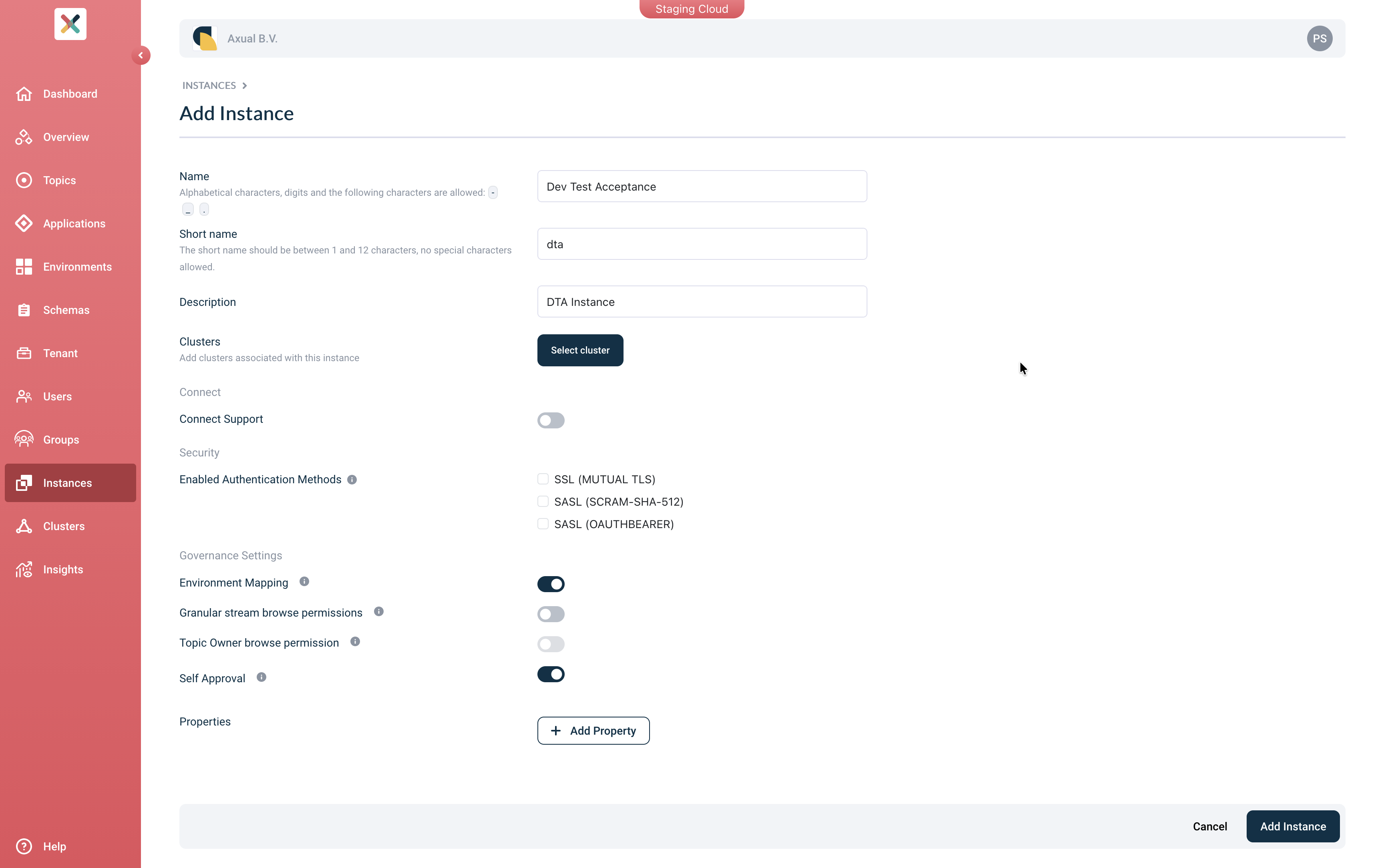 Self-Service Add Instance Details page