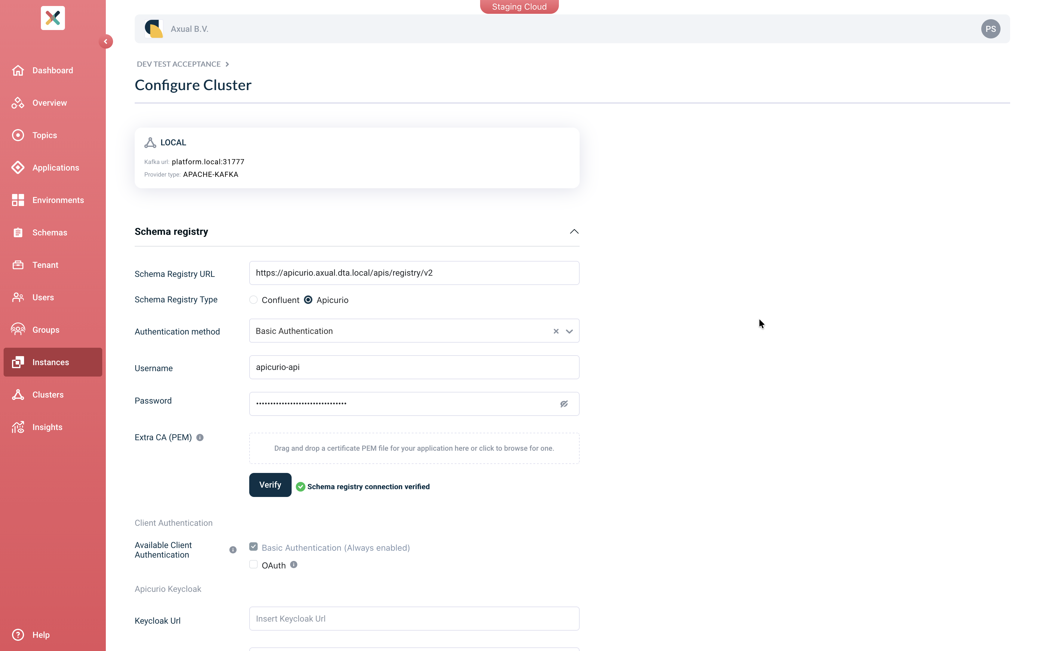 Self-Service Add Apicurio Schema Registry Details page