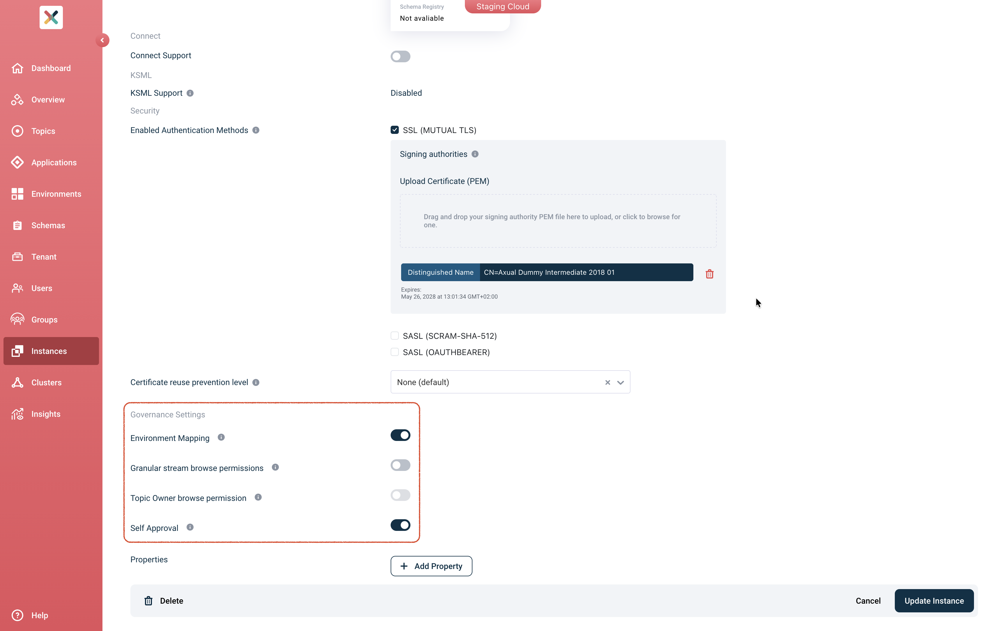 Instance Governance Setting Section