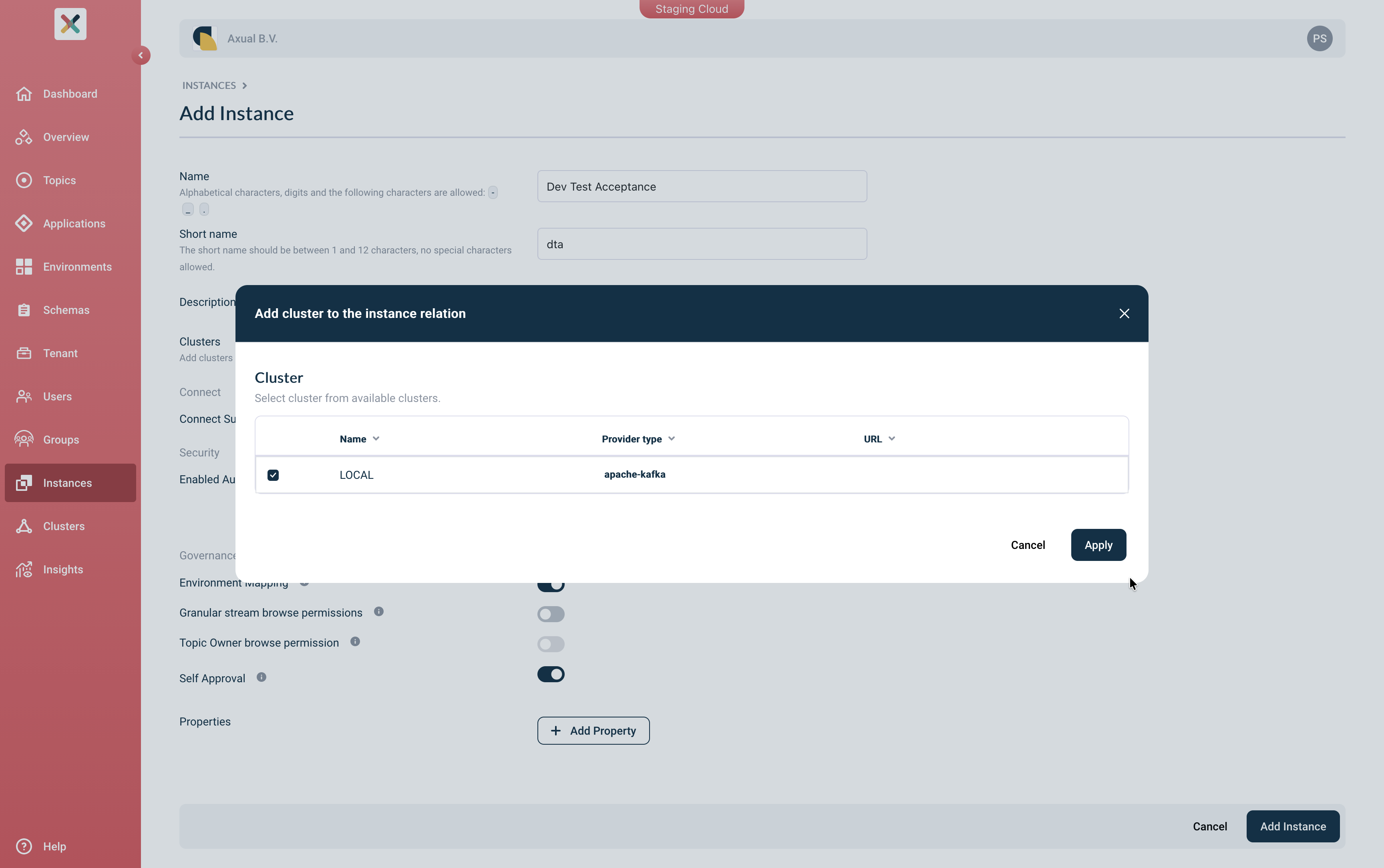 Self-Service Select Cluster page