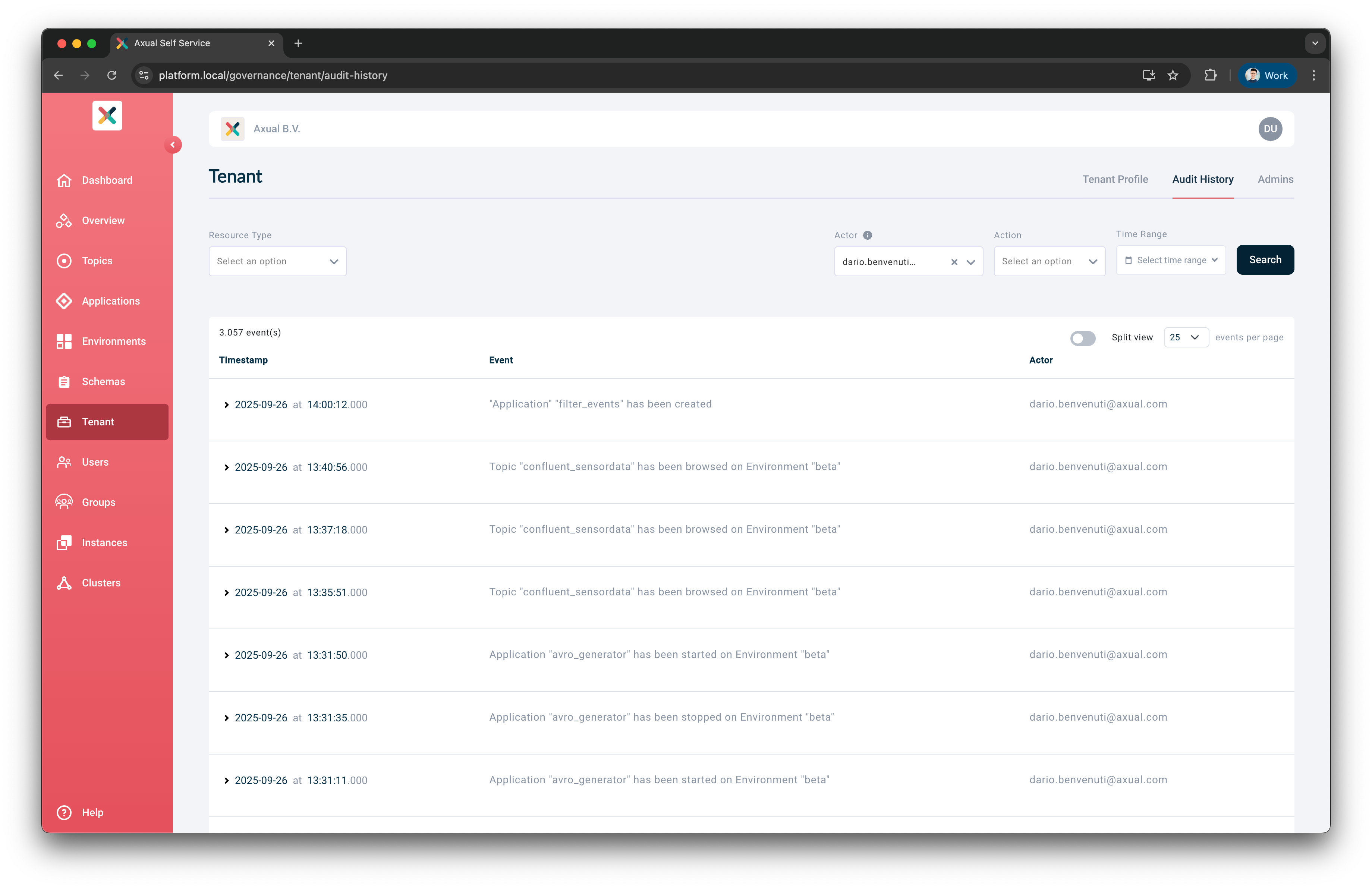 Audit History tab filtered by Actor Name