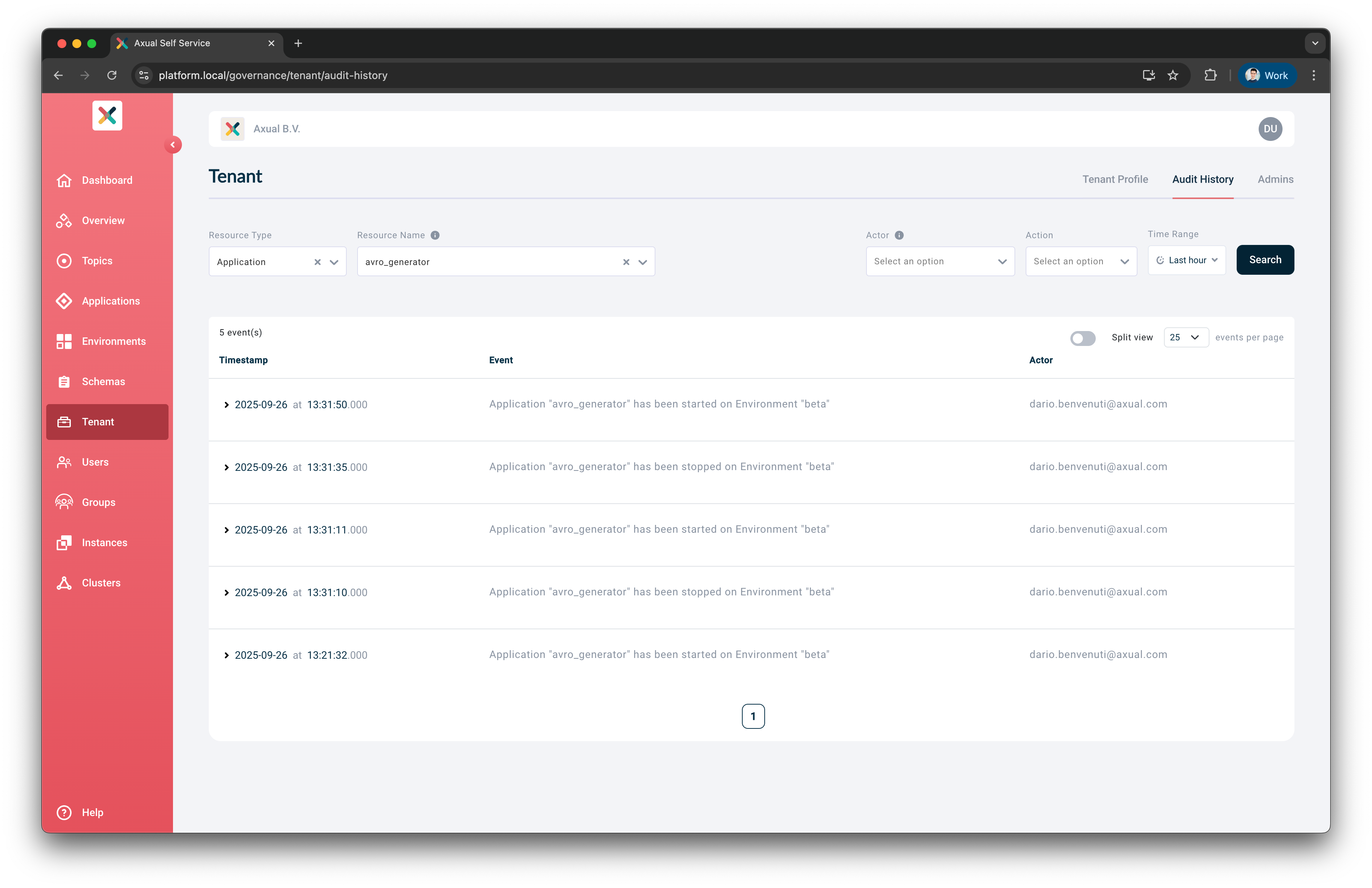 Audit History tab filtered by Resource Type and Resource Name