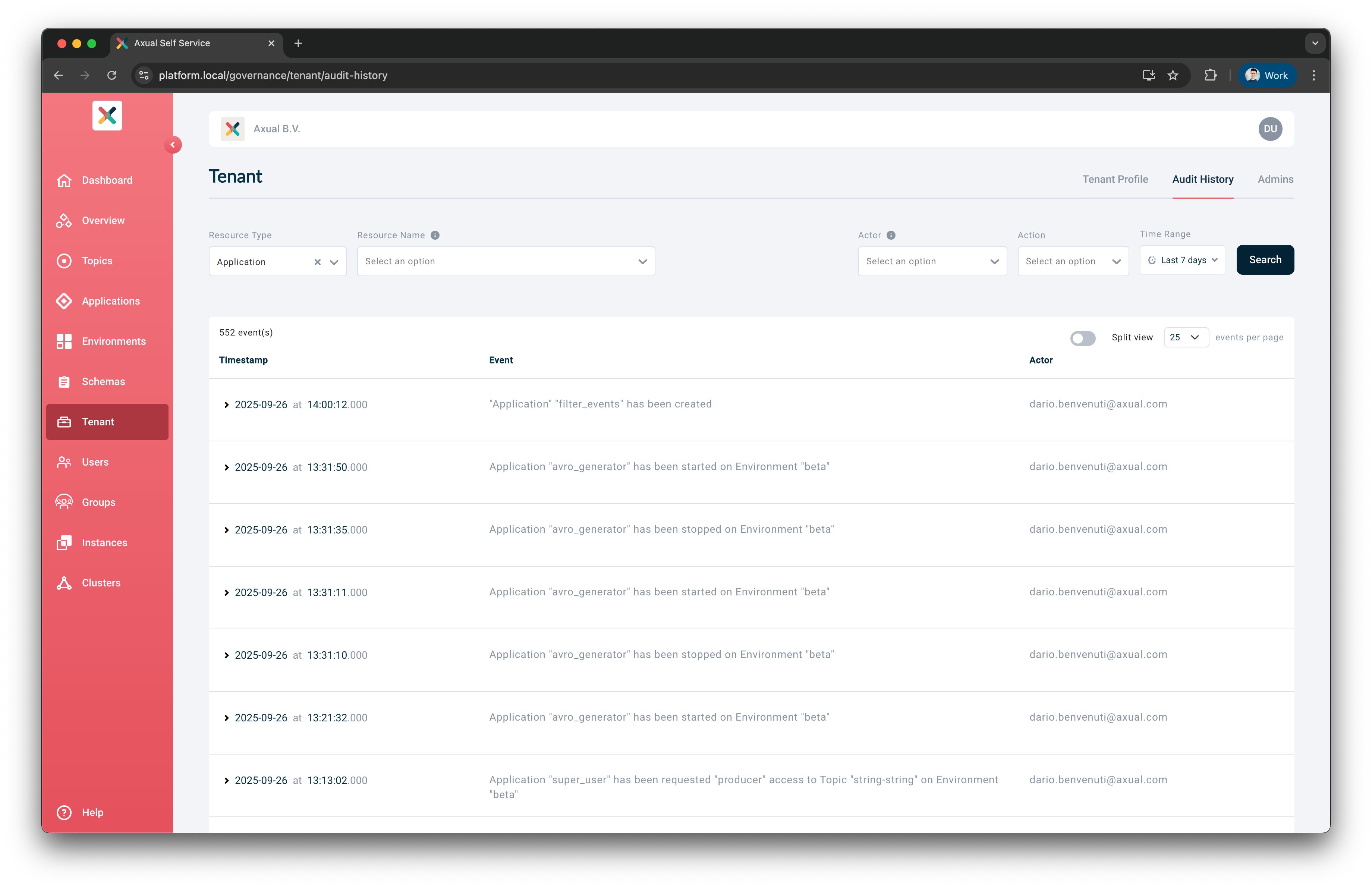 Audit History tab filtered by Resource Type