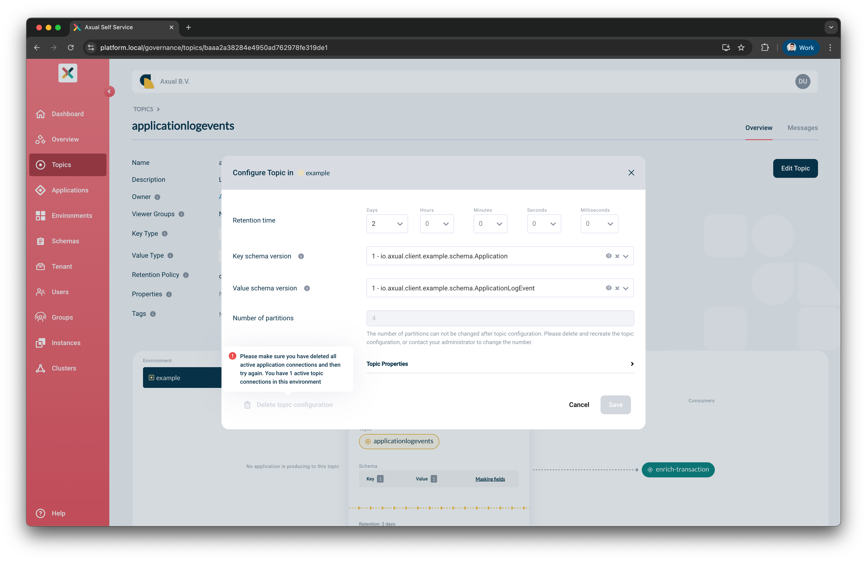 Inform topic configuration delete modal