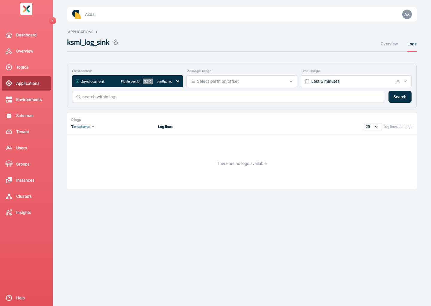 Axual "Self-Service" UI, section of the "Application" page, showing the connector logs tab