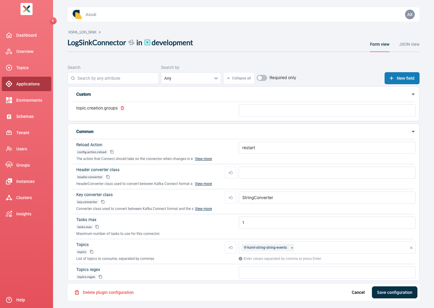 Axual "Self-Service" UI, Plugin Configuration page in Form view with grouped configuration sections, search bar, Required only toggle, and New field button