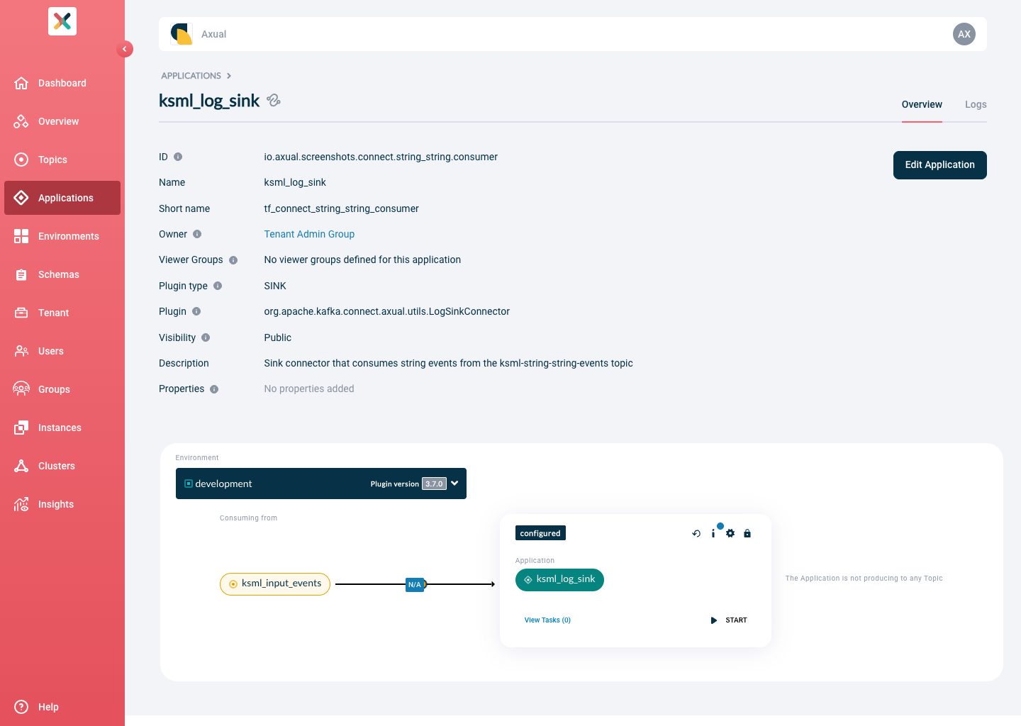Axual "Self-Service" UI, section of the "Application" page, showing the Connector-configuration status box of a configured connector, in "ready" state (not started yet)
