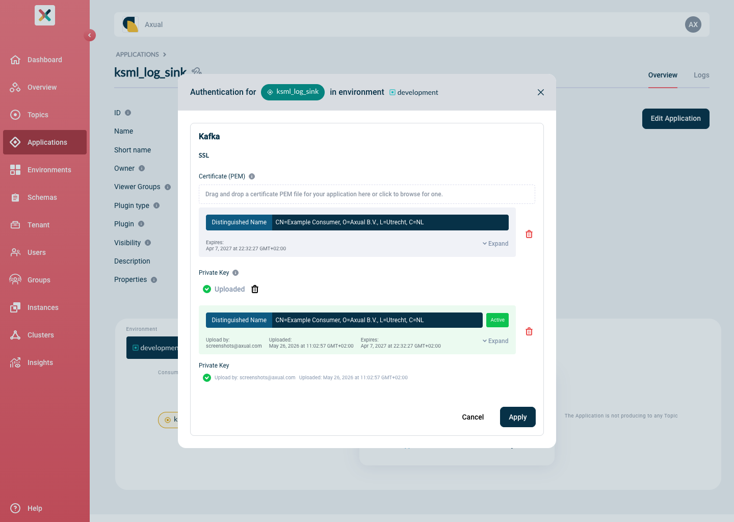 Axual "Self-Service" UI, Authentication modal showing two certificate pairs — the newly uploaded one (pending activation) and the currently Active one