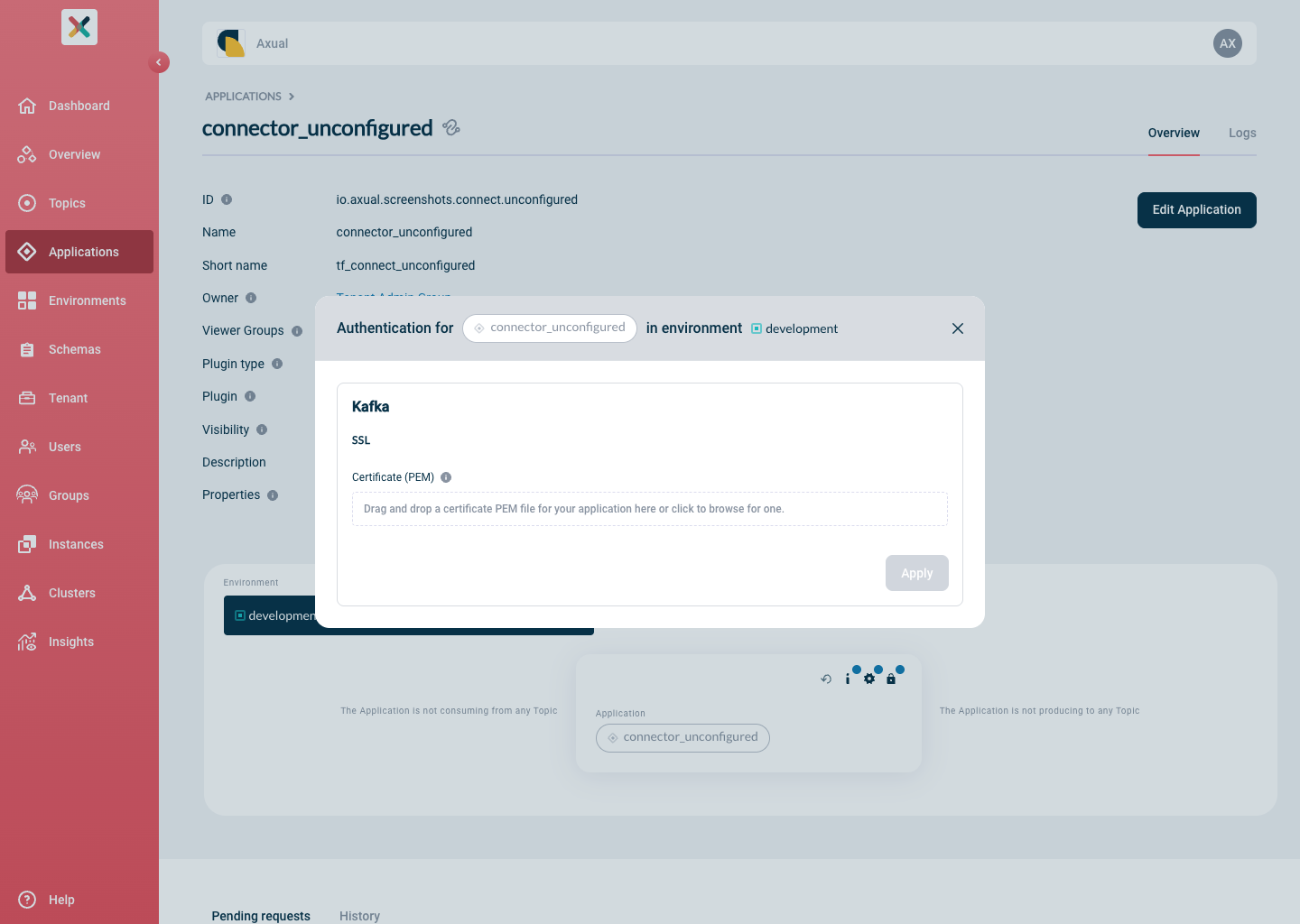 Axual "Self-Service" UI, Authentication modal for a connect-application, showing the Kafka SSL section with an empty certificate upload area