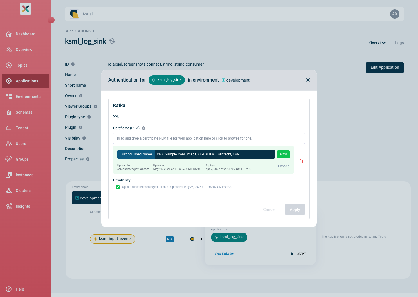 Axual "Self-Service" UI, Authentication modal showing the certificate card and the private key upload confirmation for a fully configured connect-application