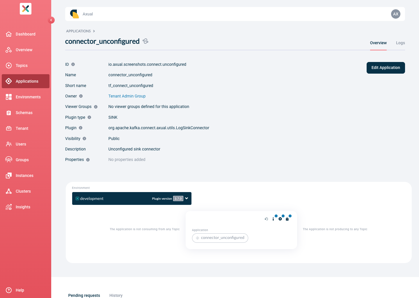 Axual "Self-Service" UI, section of the "Application" page, showing the four action buttons on the connector application environment box