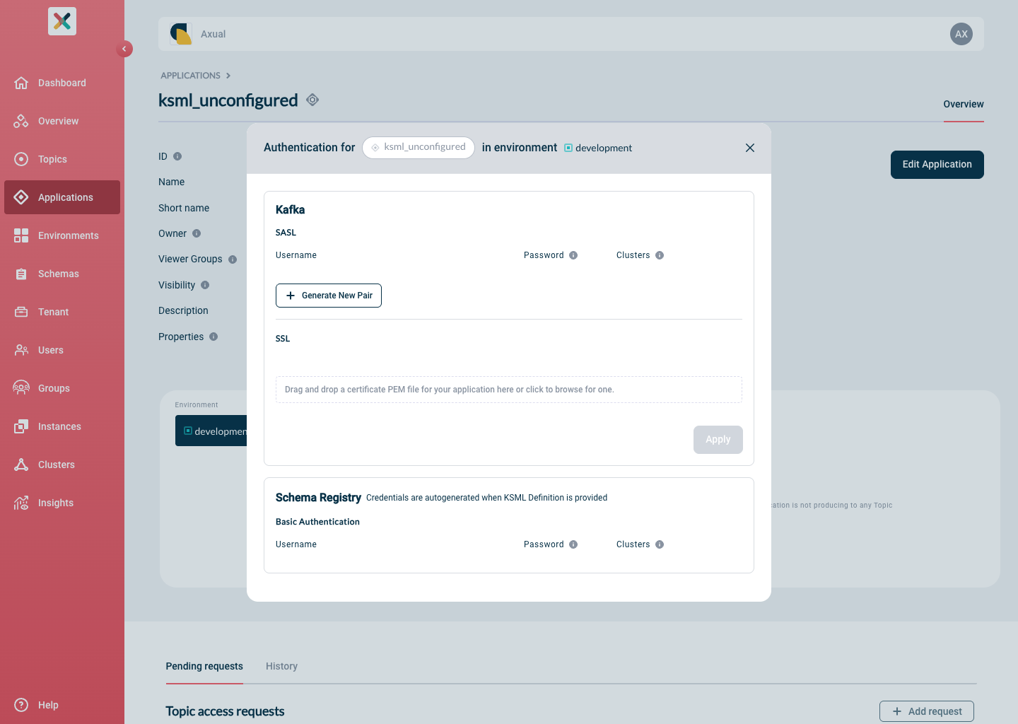 Configure application Credentials modal