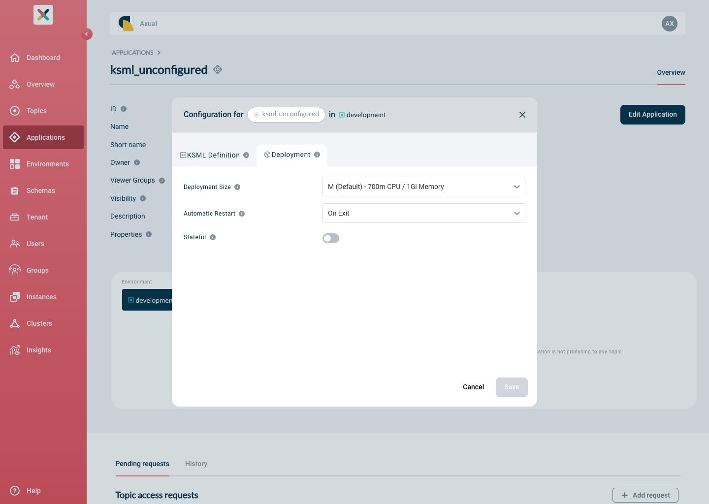 Axual "Self-Service" UI, "Application" page showing the Deployment Size with the default value in the "Deployment" tab