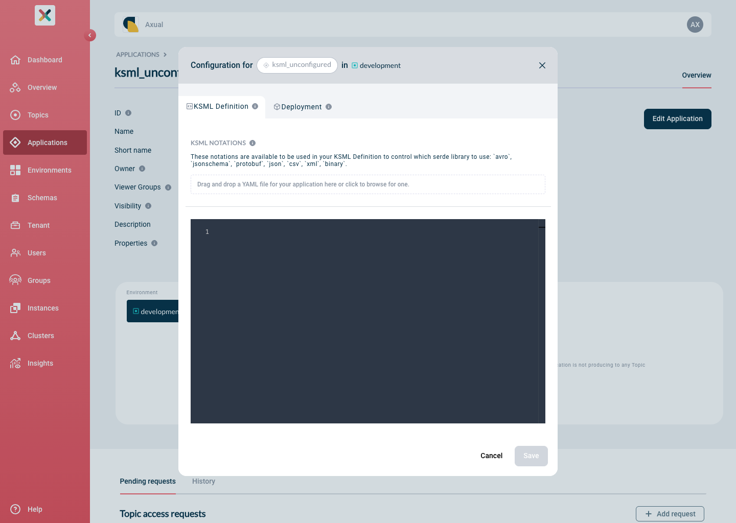 Axual "Self-Service" UI, "Application" page showing the KSML-definition and Deployment tabs of an unconfigured ksml-application