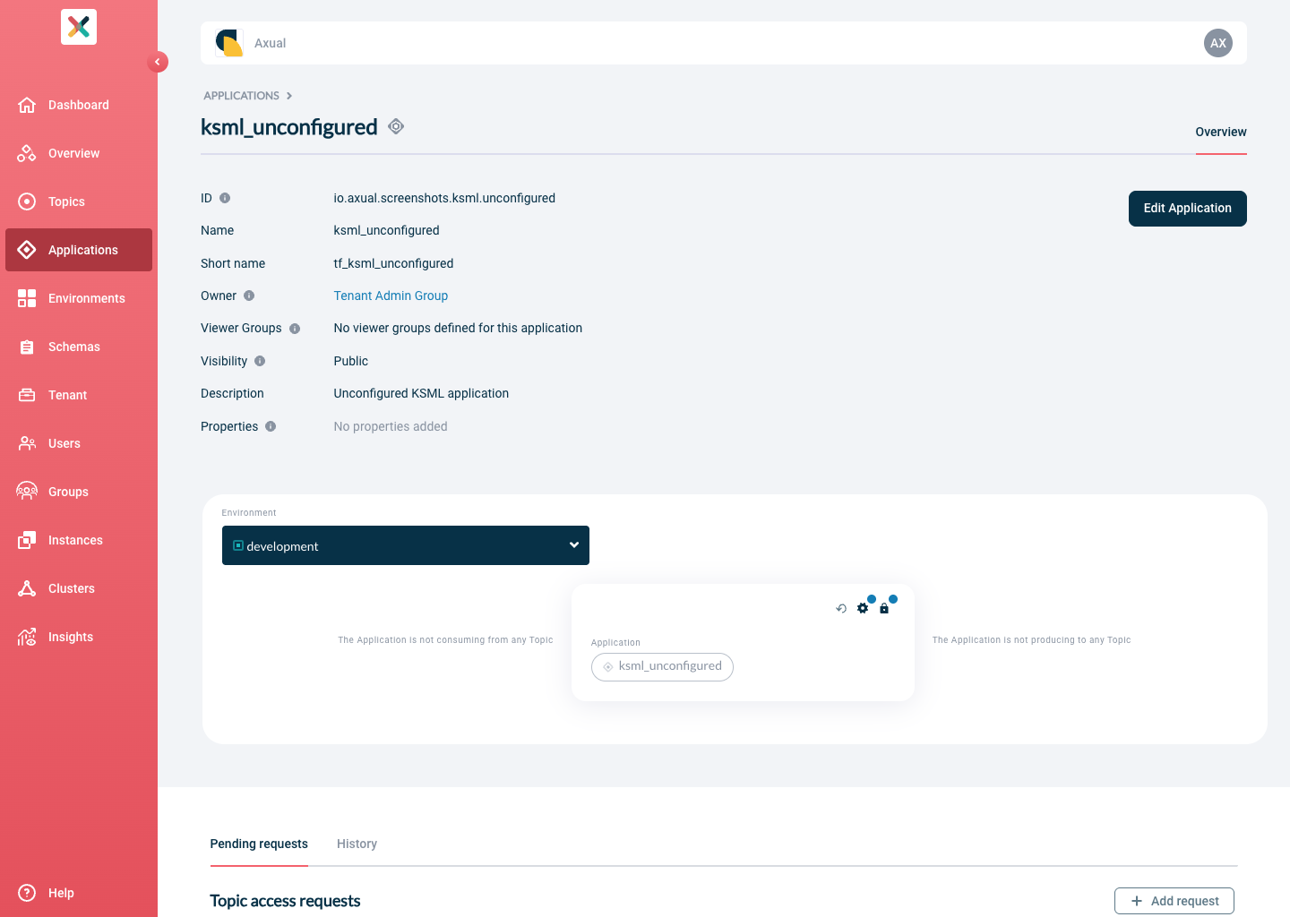 Axual "Self-Service" UI, section of the "Application" page, showing the security and configuration modal of an unconfigured KSML Application, with the blue circle indicators on both configuration buttons