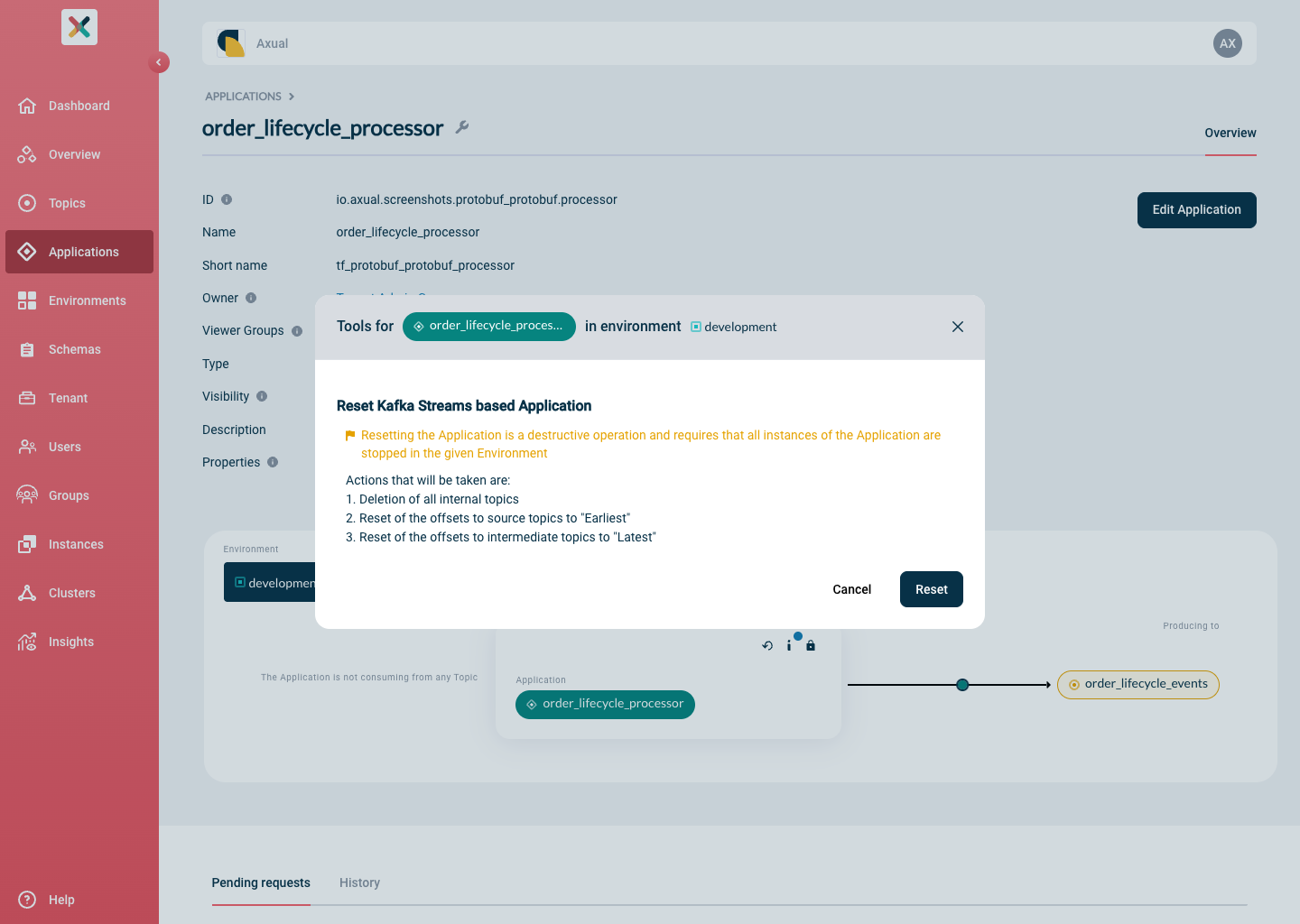 Reset Kafka Streams based modal
