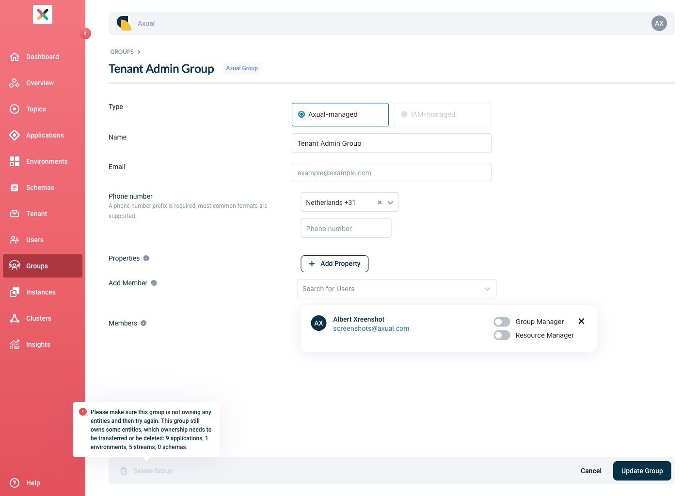 Inform delete group modal