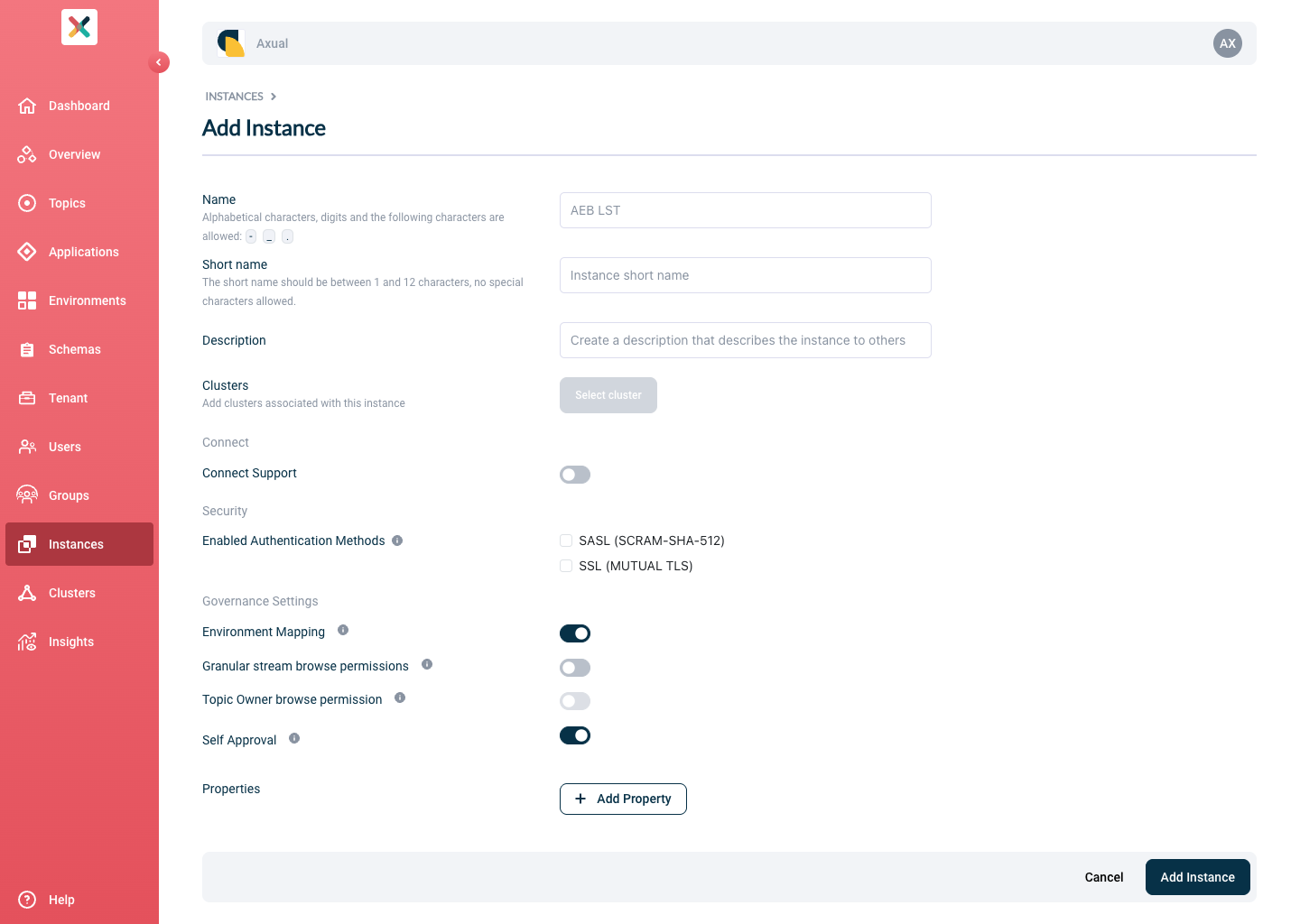 Self-Service Add Instance Details page