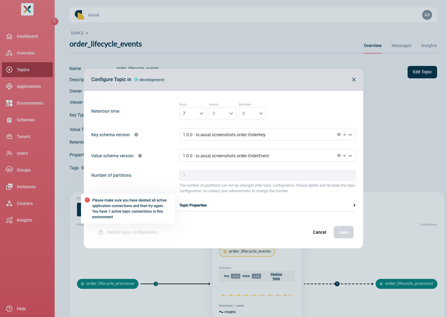 Inform topic configuration delete modal