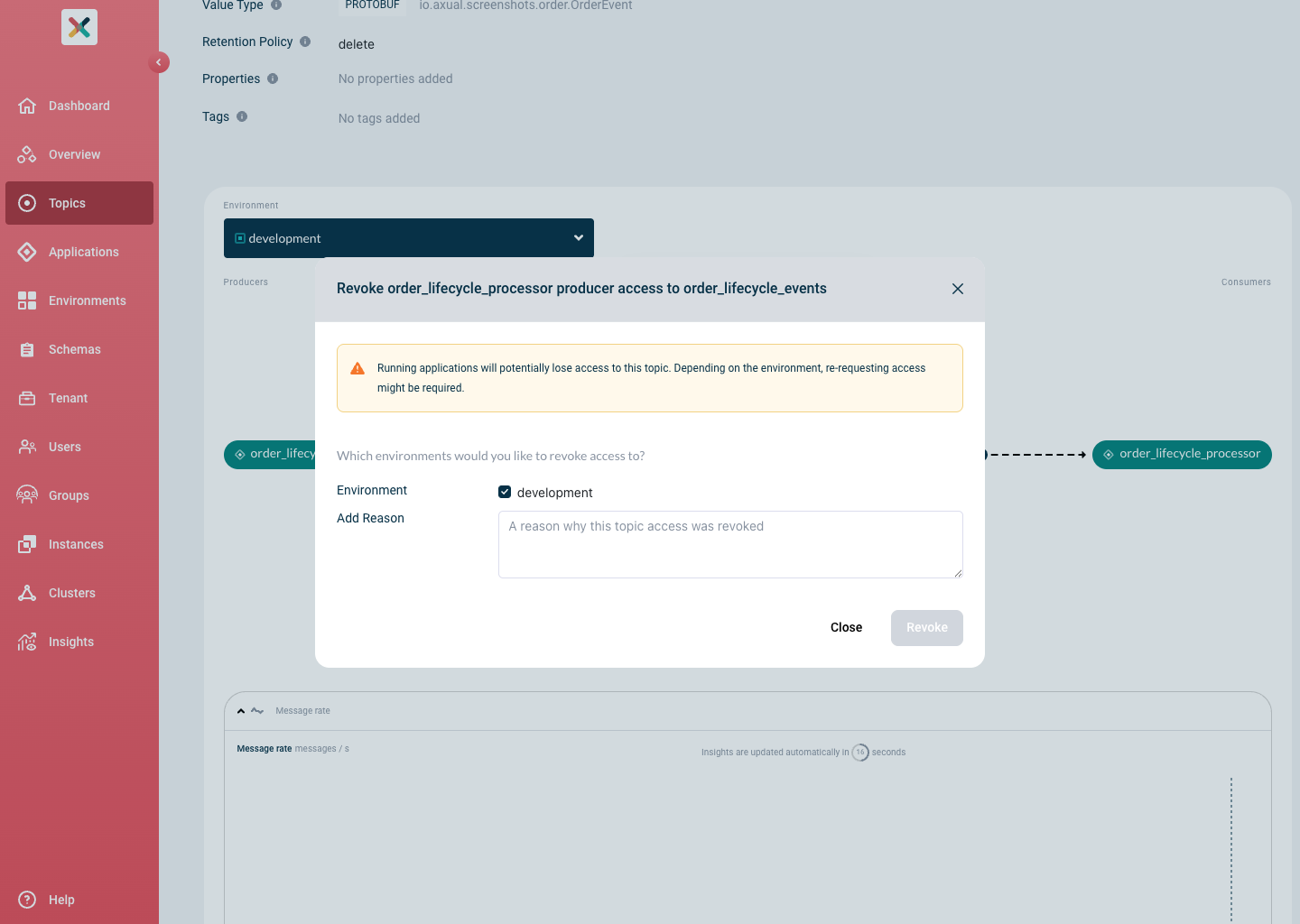 Adding a reason and selecting an environment when revoking access