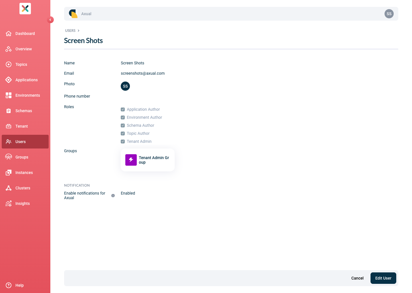 User detail page